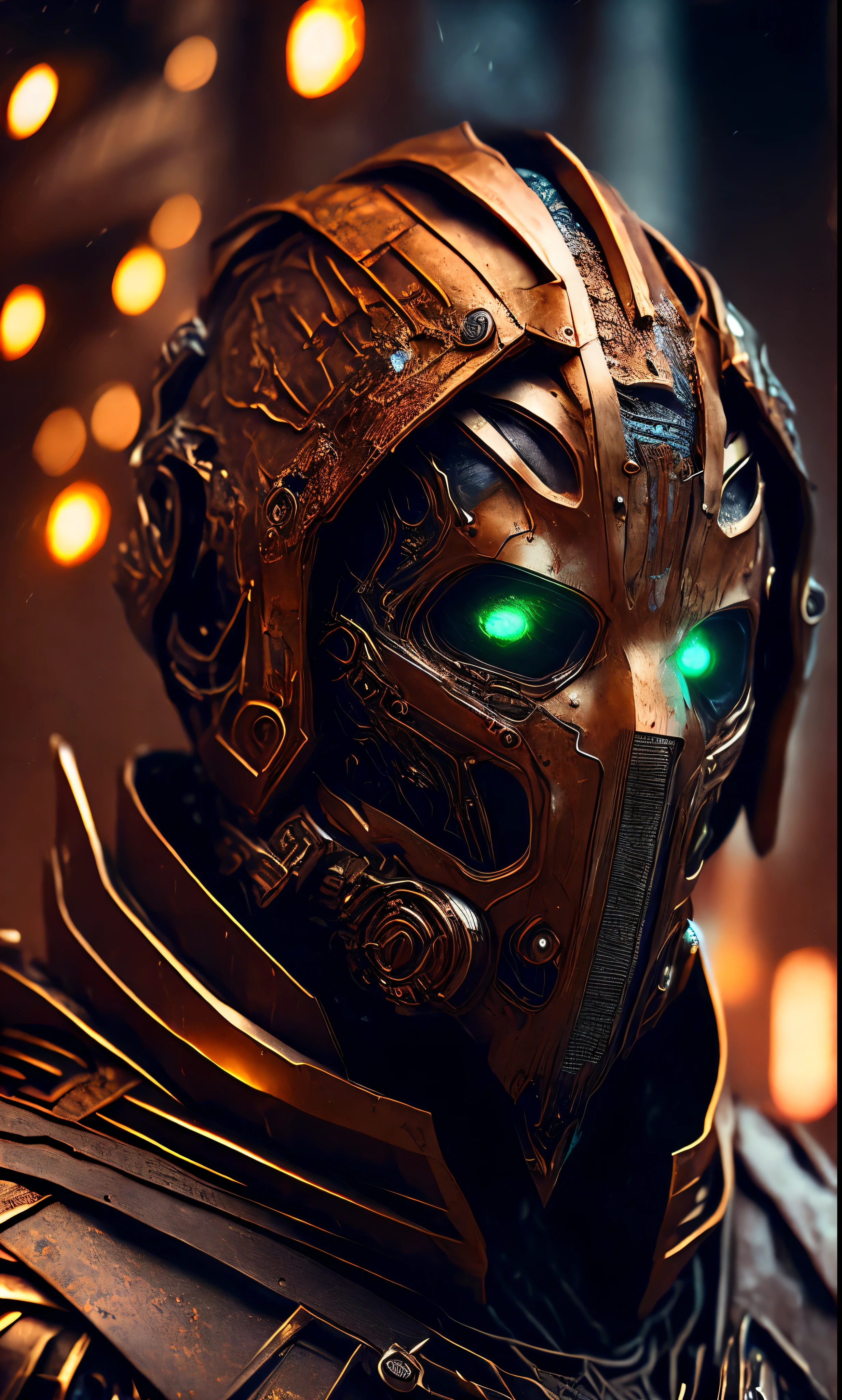 breathtaking cinematic science fiction photo of a portrait of a non human masked Grim wrapped in brown chrome metal skin, body full glowing metrics inside, glowing multicoloured eyes, multifaceted eyes, metallic arms, inside a destroyed building, extremely menacing creature, highly detailed, award-winning
