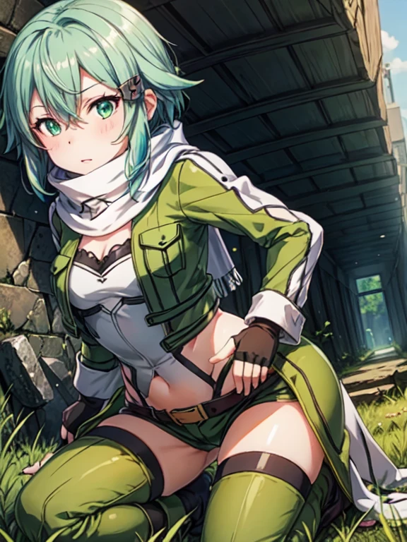 masterpiece, highest quality、Shinono,pixel perfect, alone、Perfect in every detail, alone, 1 girl、(masterpiece), highest quality, expressive eyes, perfect face, High resolution, 1 otherwise, scarf, fingerless gloves, long sleeve, short shorts, hair ornaments, hair clip, Green Knee Socks, green jacket, thigh strap, put your hands on your hips, field, ruins background, Are standing, cowboy shot, crawl on all fours