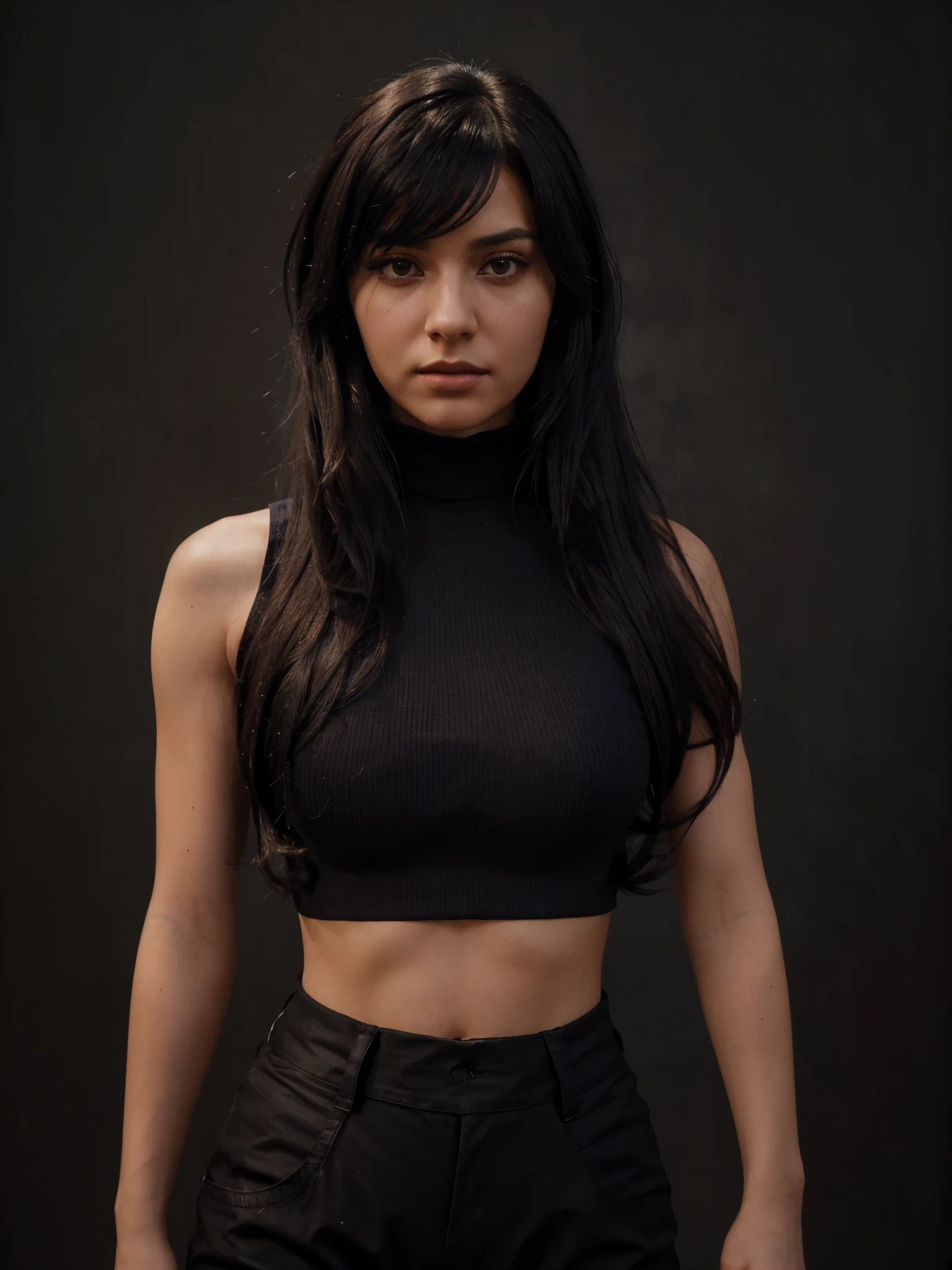 A stunning intricate full color portrait of (sks woman:1), wearing a lilac sleeveless shirt with cropped in the belly part, cropped turtleneck, pants, cool girl, dark plain background, epic character composition, by ilya kuvshinov, alessio albi, nina masic, sharp focus, natural lighting, subsurface scattering, f1.8, 35mm, film grain, black voluminous hair inspired by Pharah Overwatch, (((black long wavy hair with side-swept bang))), side-swept bang, best hair