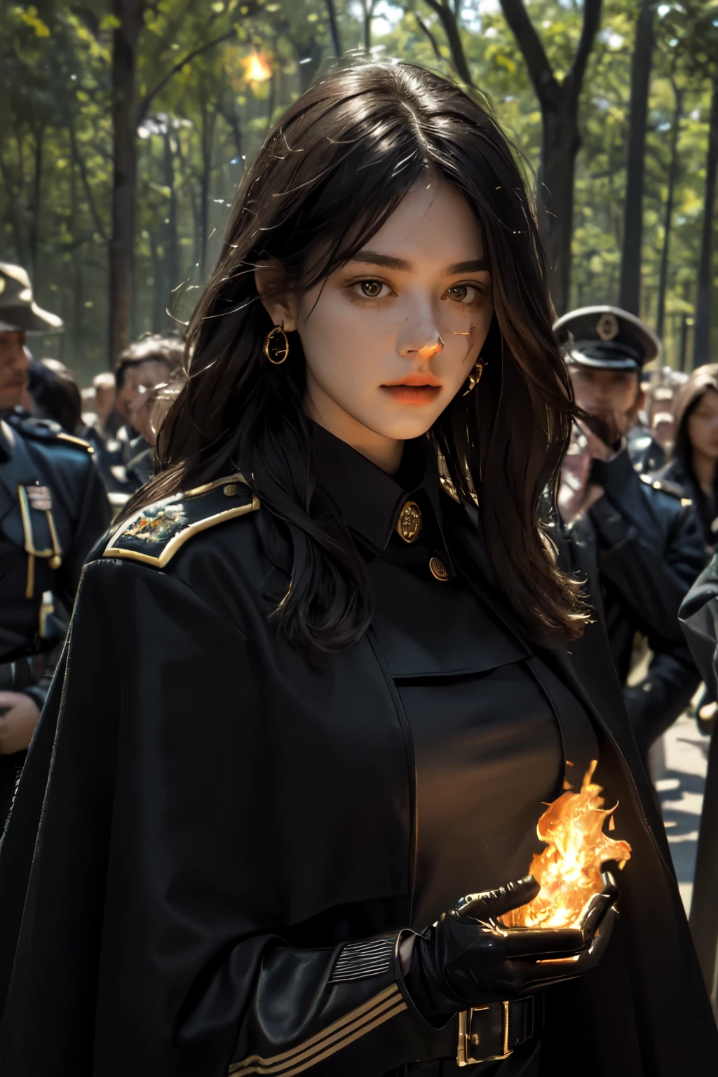 realistic, masterpiece, best quality, close-up, lips , upper body, no makeup, mature female, cowboy shot, black hair, military uniform, black military jacket, black cape , , badge, military jacket, valor , golden badge , military badge, depth of field, long hair, mole under eye, black gloves, earrings, gloves, crowded place , crowd, evening, branch, dead tree, fireflies, sparkle, fire_sparkle , fire , , holding fire , scar_on_eye , military badge , medals , blood , bleeding , on fire forest , burning trees , military valor , burning background , crowded place , hand pose