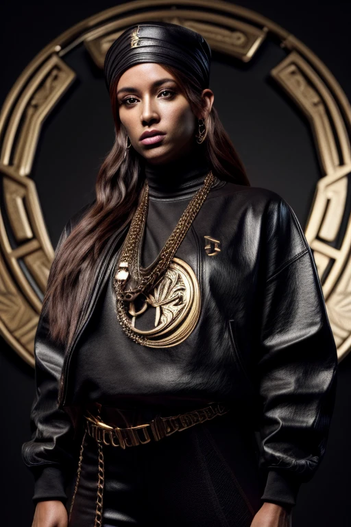 A STRONG BLESSED GODDESS WOMAN Wife Irish Becky Lynch in her mid 30s, melanin skin tone, Inside a royal palace, unreal 5. rpg portrait, hip hop style 8 k octane render, created in unreal engine 5, 8k portrait render, cinematic unreal 5, NY, yasuke 5 0 0 px models, 8 k cg render, rendered in unreal 5, rendered in unreal engine 5, african American, Genetics, athletic, a will to thrive, feminine traits and attributes, 50 Cent energy, shaved, vibrant brown eyes, radiant, focused, ambitious head, confident, observant, competent, Streetwear inspired clothing, luxury streetwear, hip hop vibe, art, luxurious, Cancer Sun Sign traits, Sagittarius Moon traits, natal chart, Libra ascendant, high quality long sleeve shirt, Red embroidered on clothing, black and grey clothing, wearing diamond chain draped on upper body, Louis Vuitton themed fashion,