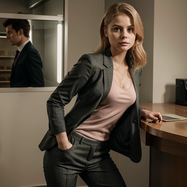 Rose McIver dressed in a blazer and dress pants