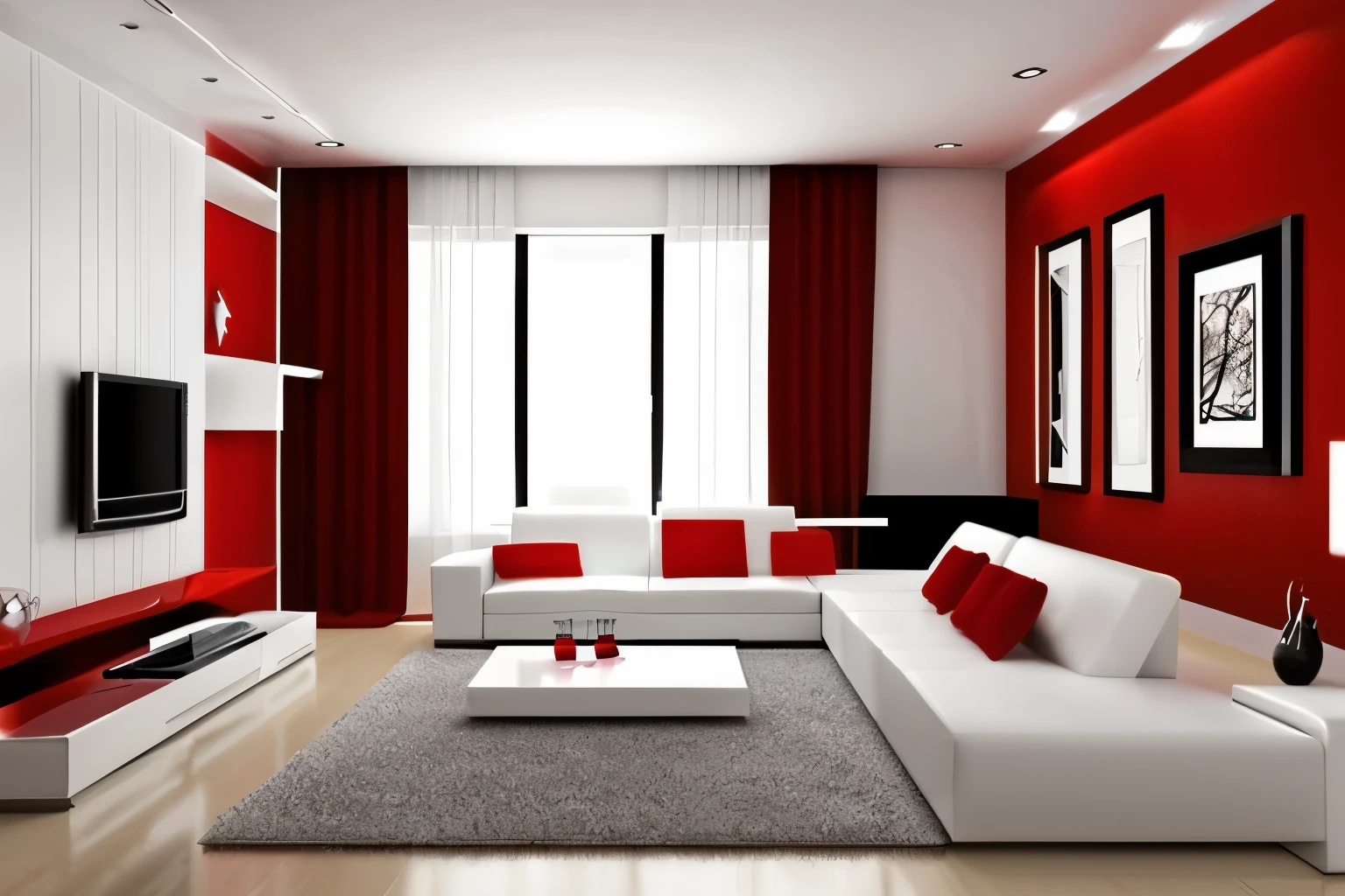 Minimalist Modern living room,  red wall, white sofa black carpet