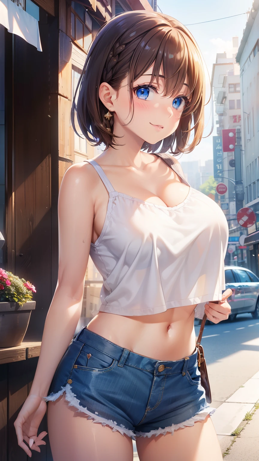 1girl, natural lighting, masterpiece, highly detailed, illustration, game CG, absurdres, high quality, aichan, large breasts, blue eyes, beautiful detailed eyes, short brown hair, side braid, collarbone, short top, short shorts, cowboy shot, glossy lips, light smile, city street, natural lighting, midriff