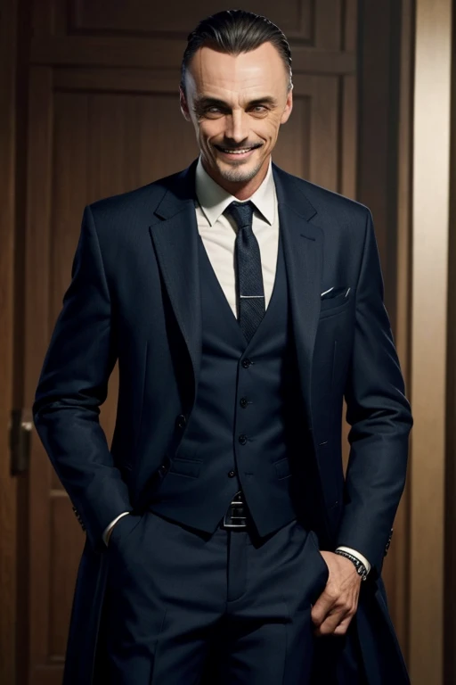 man like robert knepper, sadistic smile, suit, long coat