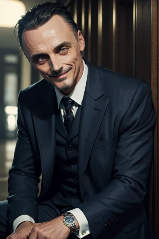 man like robert knepper, sadistic smile, suit, long coat