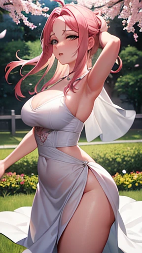 Sakura Haruno caminha lentamente pelo jardim, the sun&#39;s rays filtering through the tree leaves, creating patterns of light and shadow that dance across your skin. Seus cabelos cor de rosa caem em ondas sedosas sobre seus ombros, swaying gently with every graceful step she takes. She is wearing a light dress that subtly hugs her curves., revealing the hint of her feminine form beneath the fluid fabric.

Enquanto caminha, Sakura gently slides her fingers over the soft petals of the flowers she finds along the way., inalando o perfume doce que paira no ar. Her lips are slightly parted, an expression of fascination and pleasure playing across her face as she surrenders to the serene beauty of the garden.

De repente, ela se vira, os olhos verdes brilhando com uma intensidade cativante. Com um movimento gracioso, She raises one of her hands to the collar of her dress, deslizando-a suavemente pelo tecido, Provoking a feeling of softness and freshness against your skin heated by the sun. Ela sorri levemente, her pink lips curving in a seductive gesture, enquanto uma brisa suave brinca com seus cabelos, criando um halo dourado ao seu redor.

Em um impulso de desejo, Sakura reaches out to touch a nearby flower, fingers lightly brushing the soft petals. Ela fecha os olhos por um momento, getting lost in the tactile sensation, as your breathing becomes deeper and slower. An aura of sensuality and mystery surrounds her, as if the garden itself were responding to your charm, making her the center of a moment of pure magic and seduction.

This hypothetical scene portrays Sakura Haruno in an intimate and sensual moment, enveloped in the beauty of the garden and awakening the senses with its captivating presence.