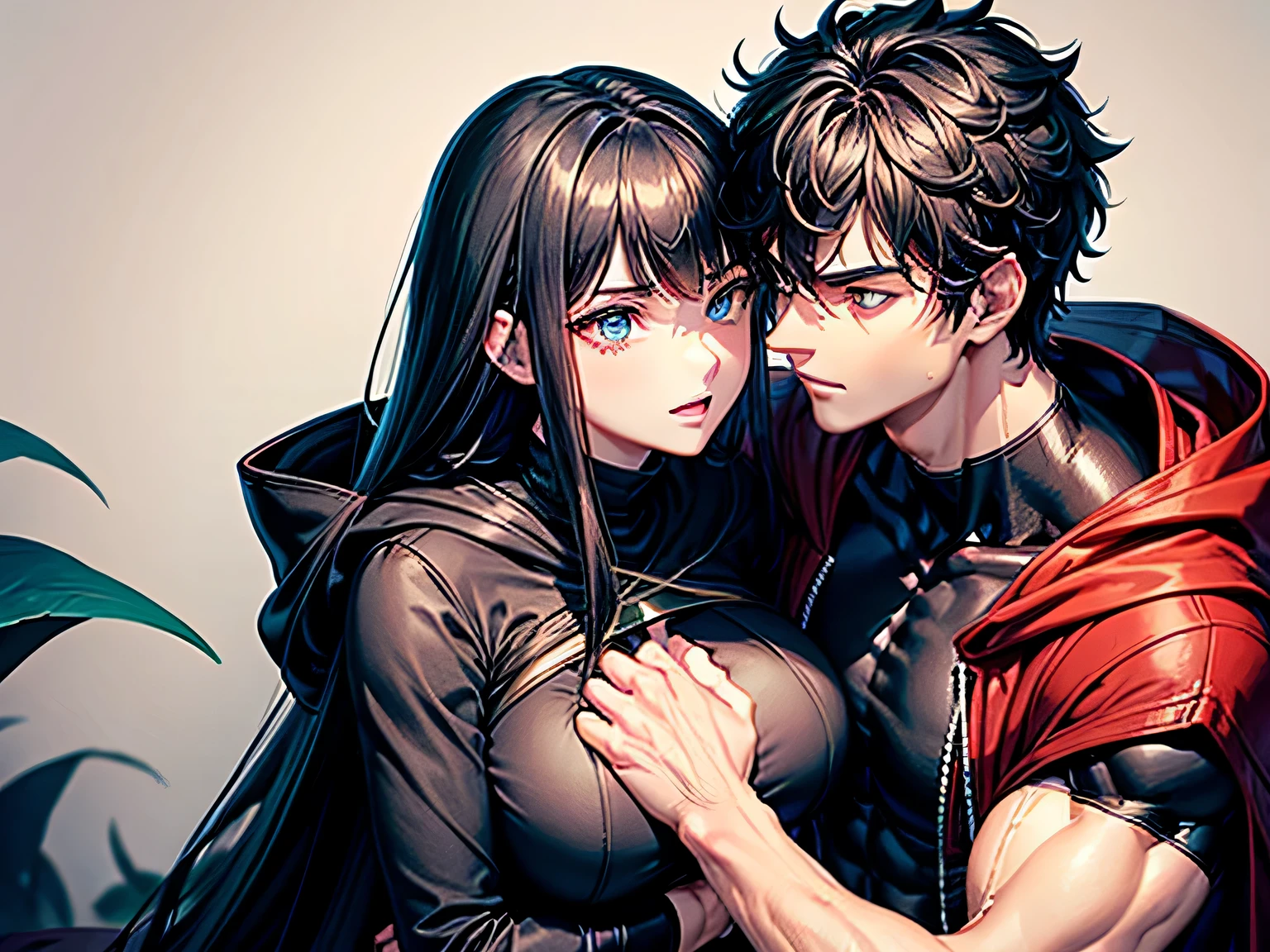 A tall, 190cm muscularly lean 19 year old man with messy curly black hair, a sharp jawline, sharp eyes, red left eye, green right eye, wearing a white cloak and black T-shirt, carrying a short, 150cm muscularly lean and slim 19-year old girl with really long silky black hair, big blue eyes, plump cheeks, a sharp jawline, big breasts and muscular forearms and calves, wearing a black hoodie. Holding eachother, in a war. Couple. Kissing. Smiling and blushing. Nio Eko and Azeru Eko