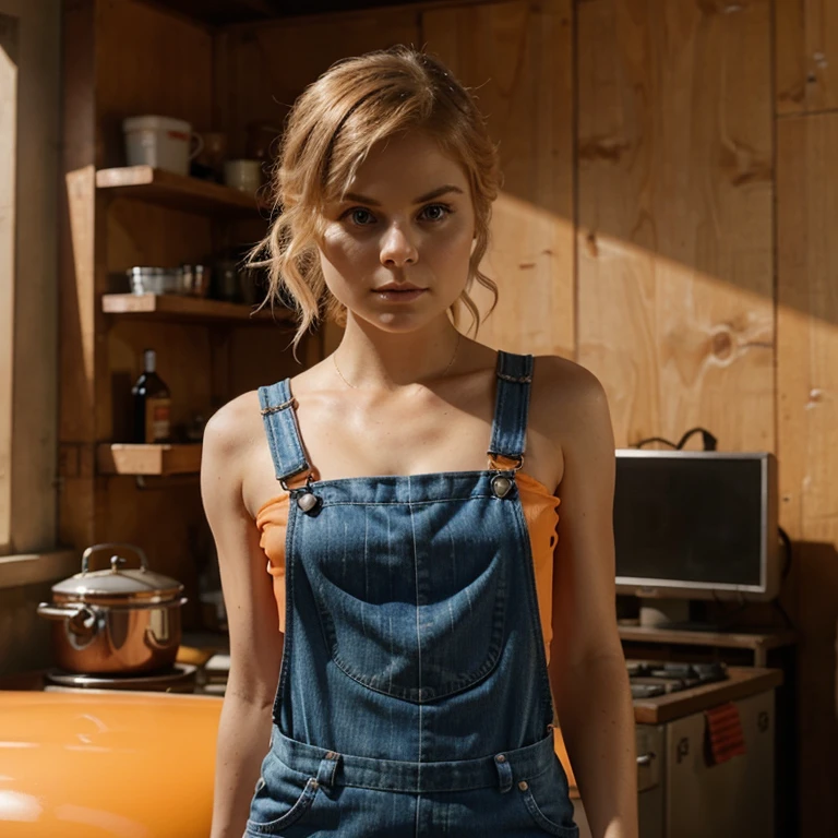 Rose McIver dressed in orange overalls