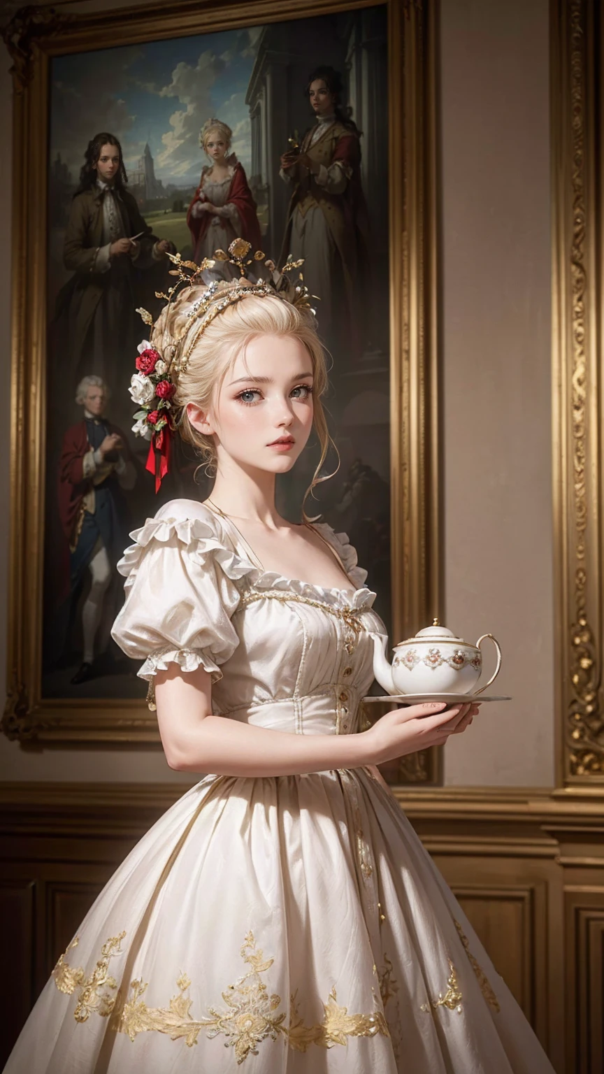 ((最high quality, 8K, masterpiece: 1.3, Ultra HD, high quality, 最high quality, High resolution, realism)) 、Marie Antoinette、Inside the Palace of Versailles in France、Enjoy tea time in a luxurious room