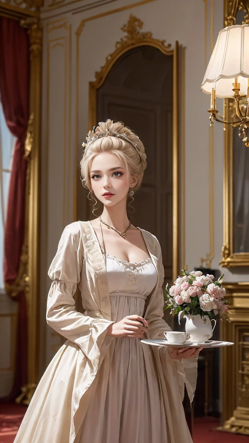 ((最high quality, 8K, masterpiece: 1.3, Ultra HD, high quality, 最high quality, High resolution, realism)) 、Marie Antoinette、Inside the Palace of Versailles in France、Enjoy tea time in a luxurious room