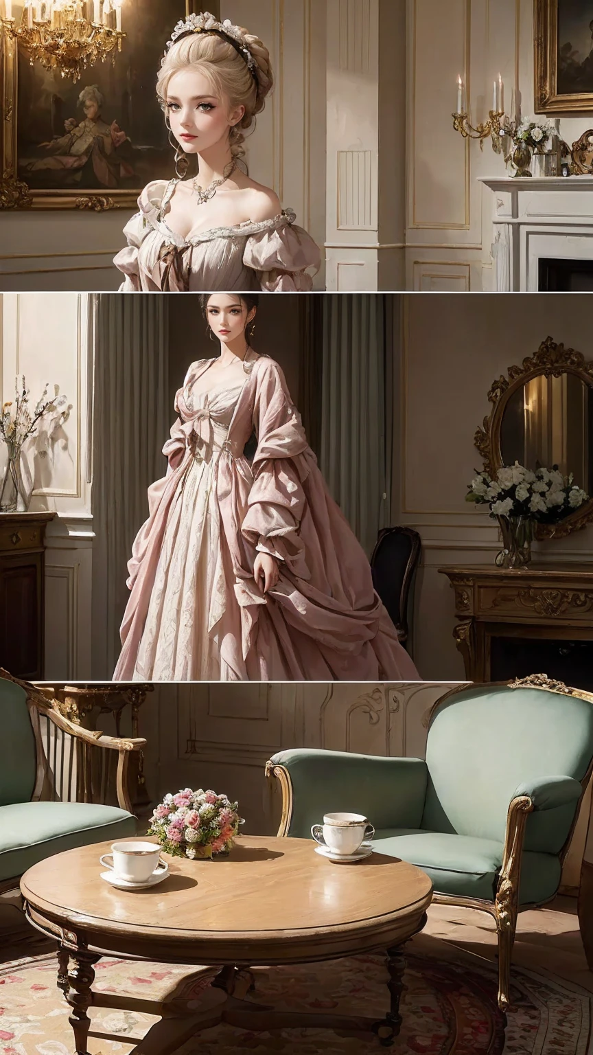 ((最high quality, 8K, masterpiece: 1.3, Ultra HD, high quality, 最high quality, High resolution, realism)) 、Marie Antoinette、Inside the Palace of Versailles in France、Enjoy tea time in a luxurious room