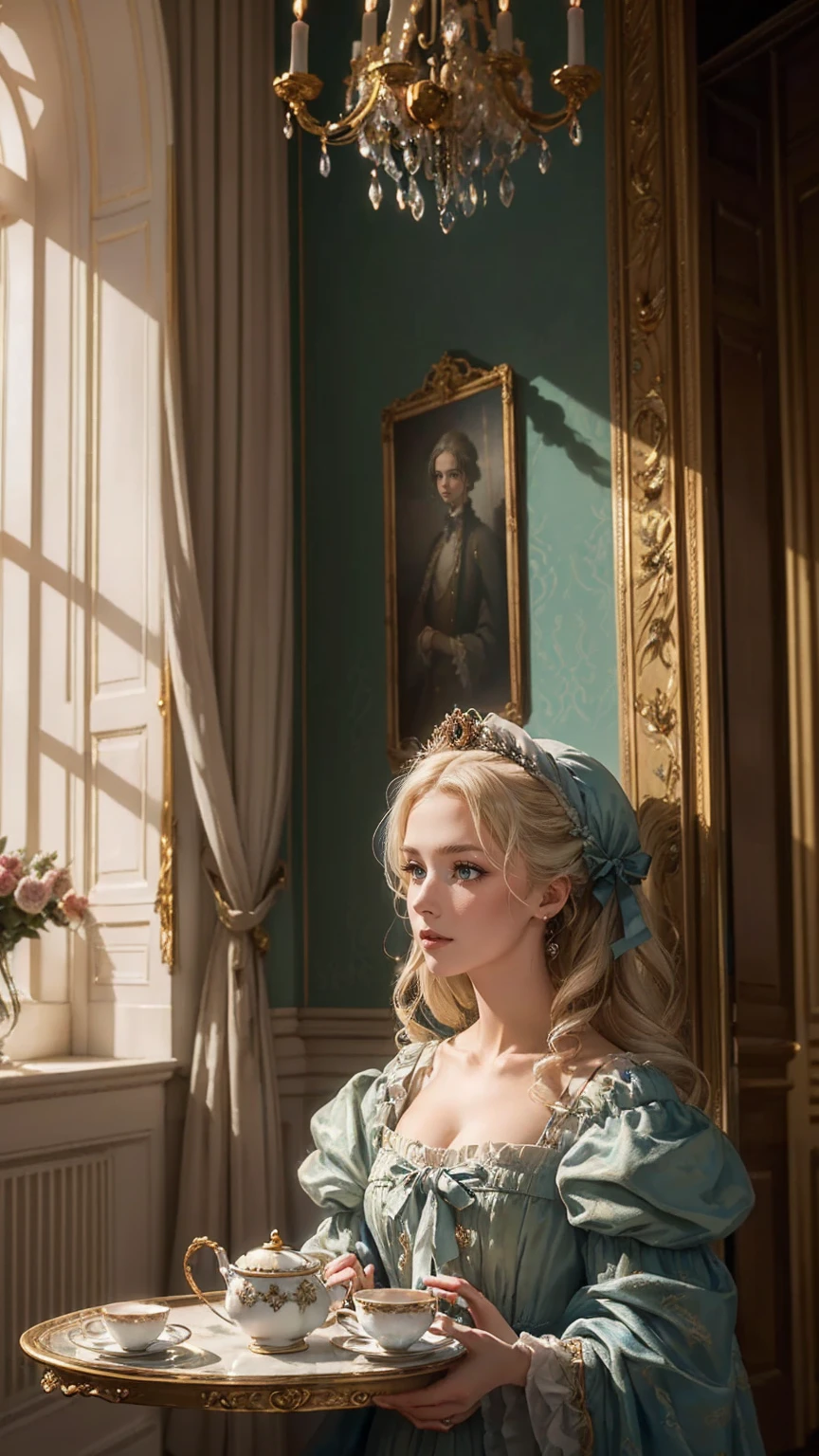 ((最high quality, 8K, masterpiece: 1.3, Ultra HD, high quality, 最high quality, High resolution, realism)) 、Marie Antoinette、Inside the Palace of Versailles in France、Enjoy tea time in a luxurious room