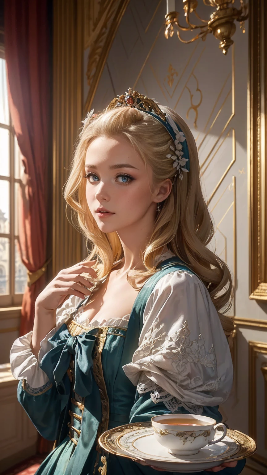 ((最high quality, 8K, masterpiece: 1.3, Ultra HD, high quality, 最high quality, High resolution, realism)) 、Marie Antoinette、Inside the Palace of Versailles in France、Enjoy tea time in a luxurious room