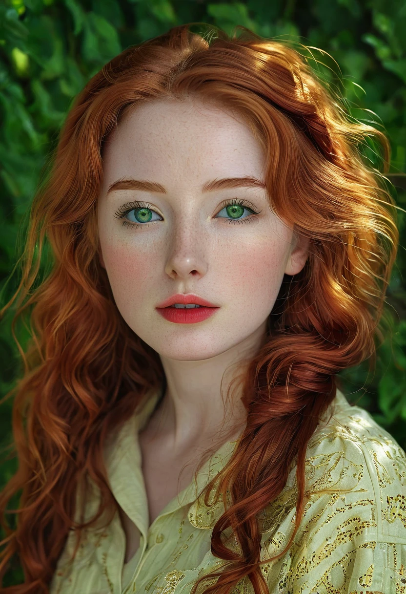 (masterpiece, best quality), ((realistic)), 1girl, solo, (((age 18))), (skin texture:1.1), (skin pores:1.2), (pale skin), (high detail face), ultra-detailed, ((Raw photo)), ((long curly red hair)), (Big Twin tails:1.1), Looking at up, ((Green Gold Eyes:1.21)), (Translucent Cornea, luminosity:1.2), ((beautiful and perfect eyes:1.21)), Black Eyeliner, thin eyebrows, long eyelashes, ((full lips, lipstick hot red)), ((Full Body, standing, random pose)), (medium breast:1.1), shy, anatomically correct, textured skin, highres, award winning