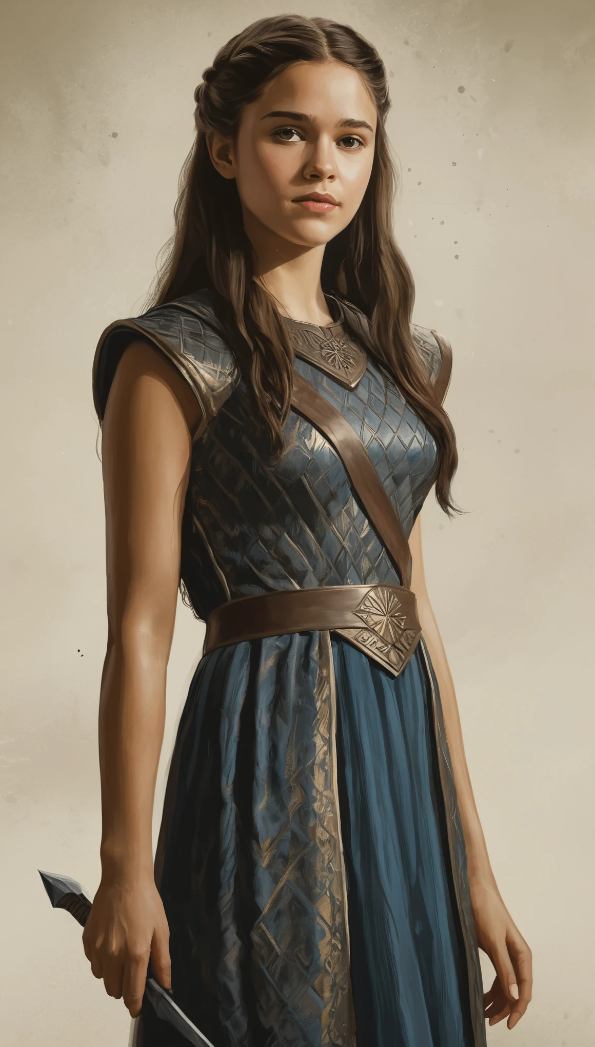 An illustrated movie poster, hand-drawn, full color, a Westerosi teenage girl, wearing a regal tunic, r sun-tanned complexion, dark hair, long hair, waist-length hair, posing on a pedestal, hard shadows, graphite shading, stencil marks, airbrushed acrylic paint, masterpiece, in the style of Game of Thrones