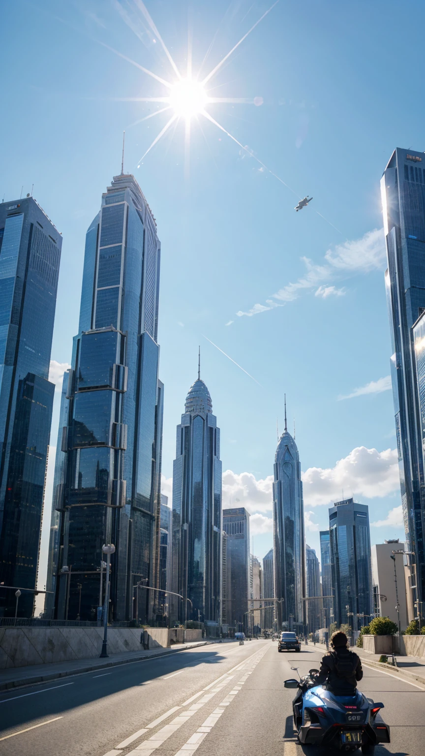 8k, spaceship design, highly detailed background, futuristic city, day time, two suns, 8k resolution, clear blue sky