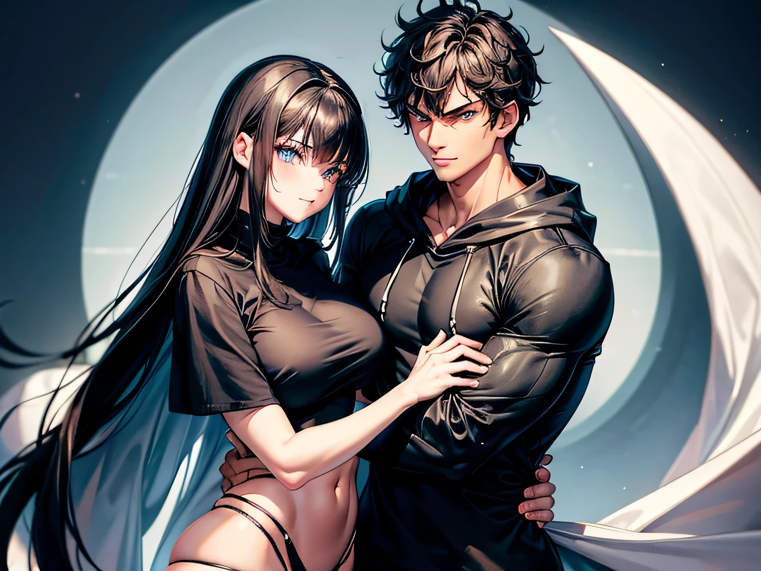 A tall, 190cm muscularly lean 19 year old man with messy curly black hair, a sharp jawline, sharp eyes, red left eye, green right eye, wearing a white cloak and black T-shirt, carrying a short, 150cm muscularly lean and slim 19-year old girl with really long silky black hair, big blue eyes, plump cheeks, a sharp jawline, big breasts and muscular forearms and calves, wearing a black hoodie. Holding eachother, in a war. Couple. Kissing. Smiling and blushing. Nio Eko and Azeru Eko. Sexy and lewd.