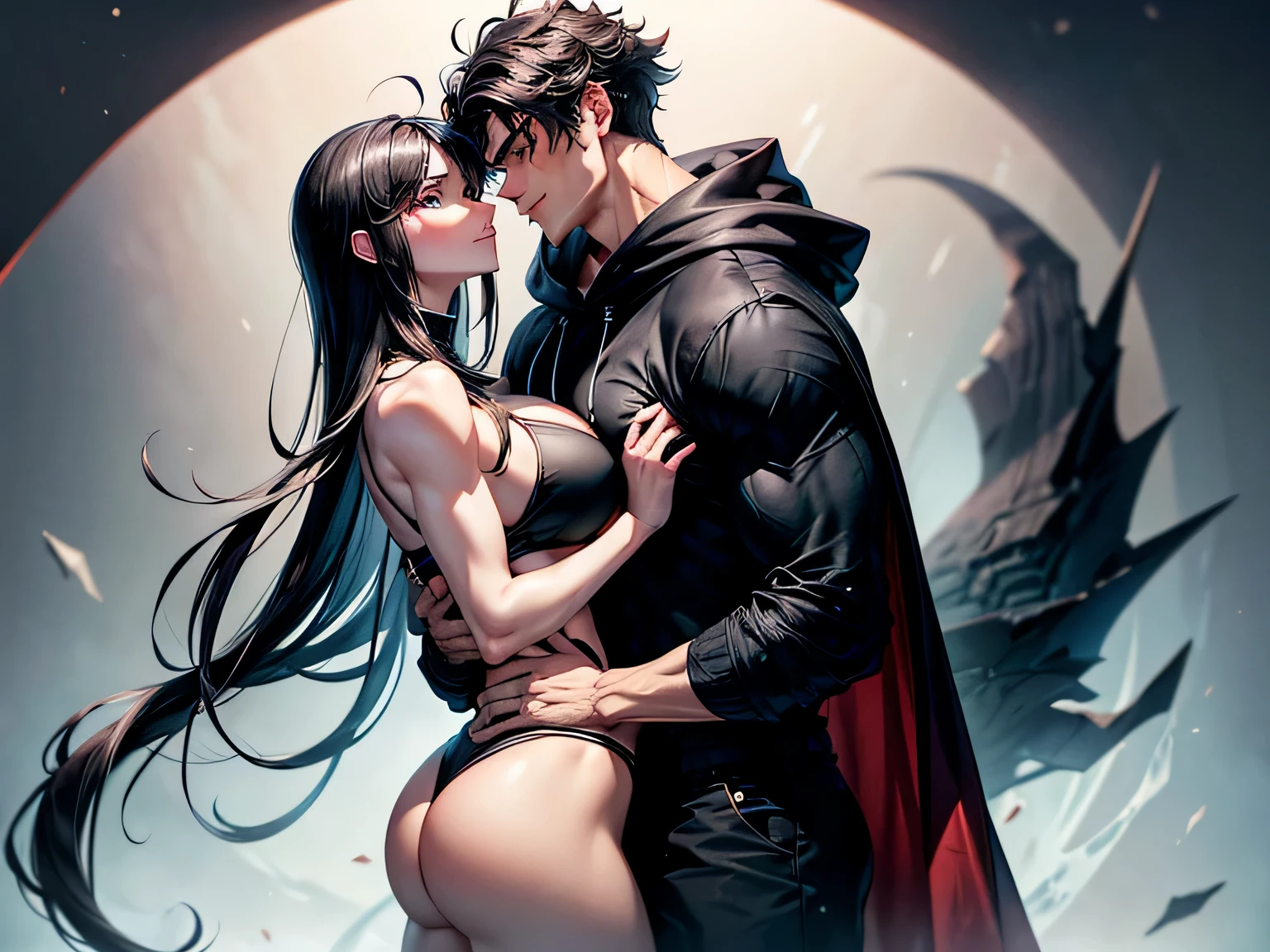 A tall, 190cm muscularly lean 19 year old man with messy curly black hair, a sharp jawline, sharp eyes, red left eye, green right eye, wearing a white cloak and black T-shirt, carrying a short, 150cm muscularly lean and slim 19-year old girl with really long silky black hair, big blue eyes, plump cheeks, a sharp jawline, big breasts and muscular forearms and calves, wearing a black hoodie. Holding eachother, in a war. Couple. Kissing. Smiling and blushing. Nio Eko and Azeru Eko. Sexy and lewd.