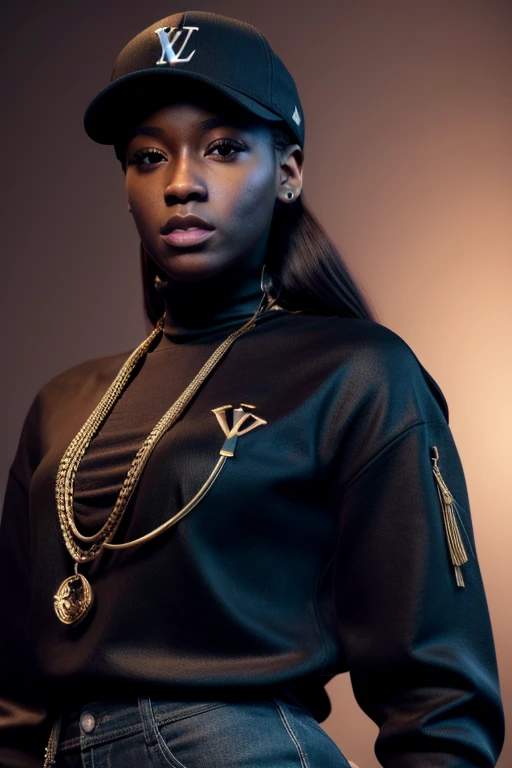 A STRONG BLESSED GODDESS WOMAN Wife Irish Becky Lynch in her mid 30s, melanin skin tone, Inside a royal palace, unreal 5. rpg portrait, hip hop style 8 k octane render, created in unreal engine 5, 8k portrait render, cinematic unreal 5, NY, yasuke 5 0 0 px models, 8 k cg render, rendered in unreal 5, rendered in unreal engine 5, african American, Genetics, athletic, a will to thrive, feminine traits and attributes, 50 Cent energy, shaved, vibrant brown eyes, radiant, affectionate smirk, focused, ambitious head, confident, observant, competent, Streetwear inspired clothing, luxury streetwear, hip hop vibe, art, luxurious, Cancer Sun Sign traits, Sagittarius Moon traits, natal chart, Libra ascendant, high quality long sleeve shirt, Red embroidered on clothing, black and grey clothing, wearing diamond chain draped on upper body, Louis Vuitton themed fashion, 