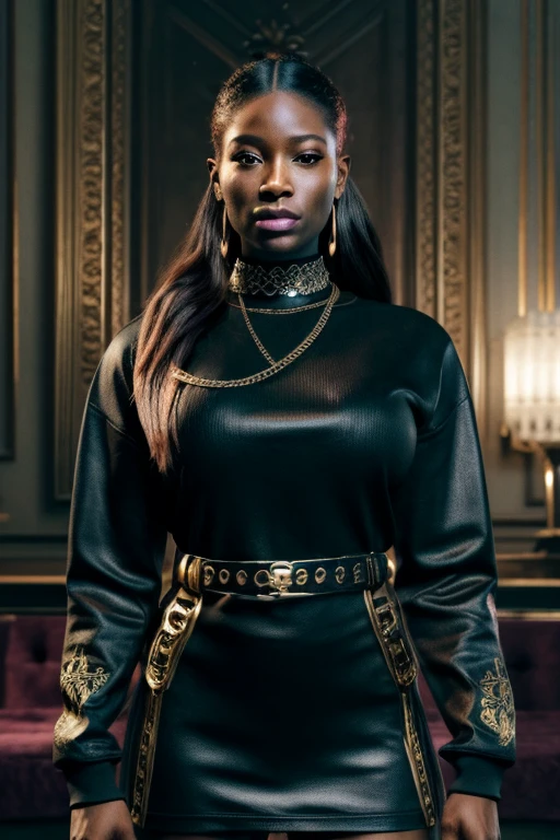 A STRONG BLESSED GODDESS WOMAN Wife Irish Becky Lynch in her mid 30s, melanin skin tone, Inside a royal palace, unreal 5. rpg portrait, hip hop style 8 k octane render, created in unreal engine 5, 8k portrait render, cinematic unreal 5, NY, yasuke 5 0 0 px models, 8 k cg render, rendered in unreal 5, rendered in unreal engine 5, african American, Genetics, athletic, a will to thrive, feminine traits and attributes, 50 Cent energy, shaved, vibrant brown eyes, radiant, affectionate smirk, focused, ambitious head, confident, observant, competent, Streetwear inspired clothing, luxury streetwear, hip hop vibe, art, luxurious, Cancer Sun Sign traits, Sagittarius Moon traits, natal chart, Libra ascendant, high quality long sleeve shirt, Red embroidered on clothing, black and grey clothing, wearing diamond chain draped on upper body, Louis Vuitton themed fashion,