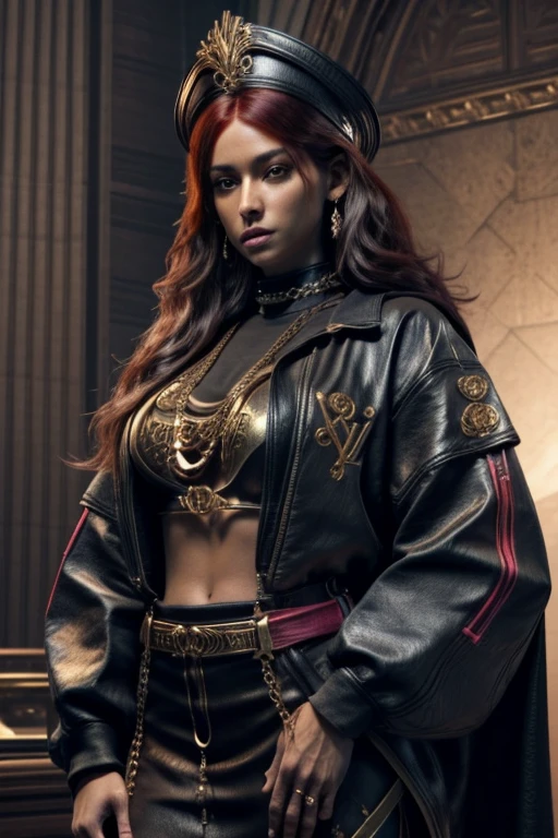 A STRONG BLESSED GODDESS WOMAN Wife Irish Becky Lynch in her mid 30s, melanin skin tone, Inside a royal palace, unreal 5. rpg portrait, hip hop style 8 k octane render, created in unreal engine 5, 8k portrait render, cinematic unreal 5, NY, yasuke 5 0 0 px models, 8 k cg render, rendered in unreal 5, rendered in unreal engine 5, african American, Genetics, athletic, a will to thrive, feminine traits and attributes, 50 Cent energy, shaved, vibrant brown eyes, radiant, focused, ambitious head, confident, observant, competent, Streetwear inspired clothing, luxury streetwear, hip hop vibe, art, luxurious, Cancer Sun Sign traits, Sagittarius Moon traits, natal chart, Libra ascendant, high quality long sleeve shirt, Red embroidered on clothing, black and grey clothing, wearing diamond chain draped on upper body, Louis Vuitton themed fashion, 