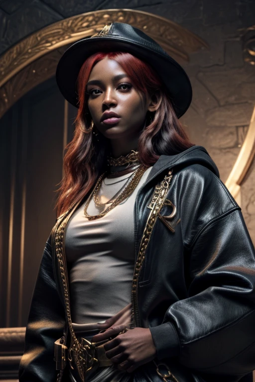 A STRONG BLESSED GODDESS WOMAN Wife Irish Becky Lynch in her mid 30s, melanin skin tone, Inside a royal palace, unreal 5. rpg portrait, hip hop style 8 k octane render, created in unreal engine 5, 8k portrait render, cinematic unreal 5, NY, yasuke 5 0 0 px models, 8 k cg render, rendered in unreal 5, rendered in unreal engine 5, african American, Genetics, athletic, a will to thrive, feminine traits and attributes, 50 Cent energy, shaved, vibrant brown eyes, radiant, focused, ambitious head, confident, observant, competent, Streetwear inspired clothing, luxury streetwear, hip hop vibe, art, luxurious, Cancer Sun Sign traits, Sagittarius Moon traits, natal chart, Libra ascendant, high quality long sleeve shirt, Red embroidered on clothing, black and grey clothing, wearing diamond chain draped on upper body, Louis Vuitton themed fashion, 