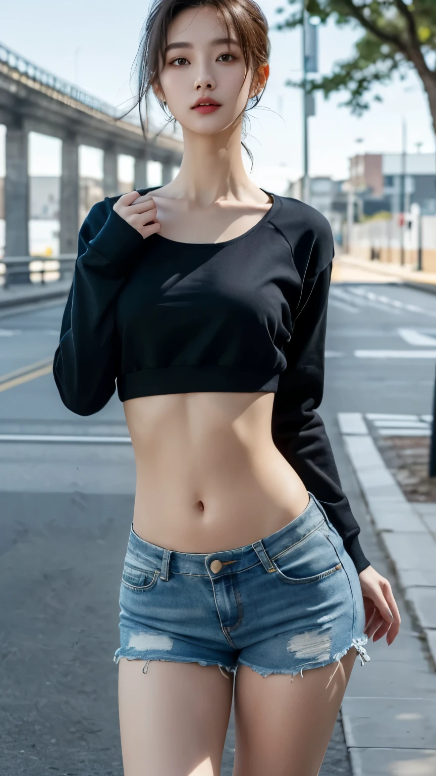 (ultra realistic, highly detailed:1.4), best quality, masterpiece
girl, a stunning young korean woman, 18 yo., sweatshirt and shorts, ((longtorso, ltso):1.2), (longneck:1.3), tall