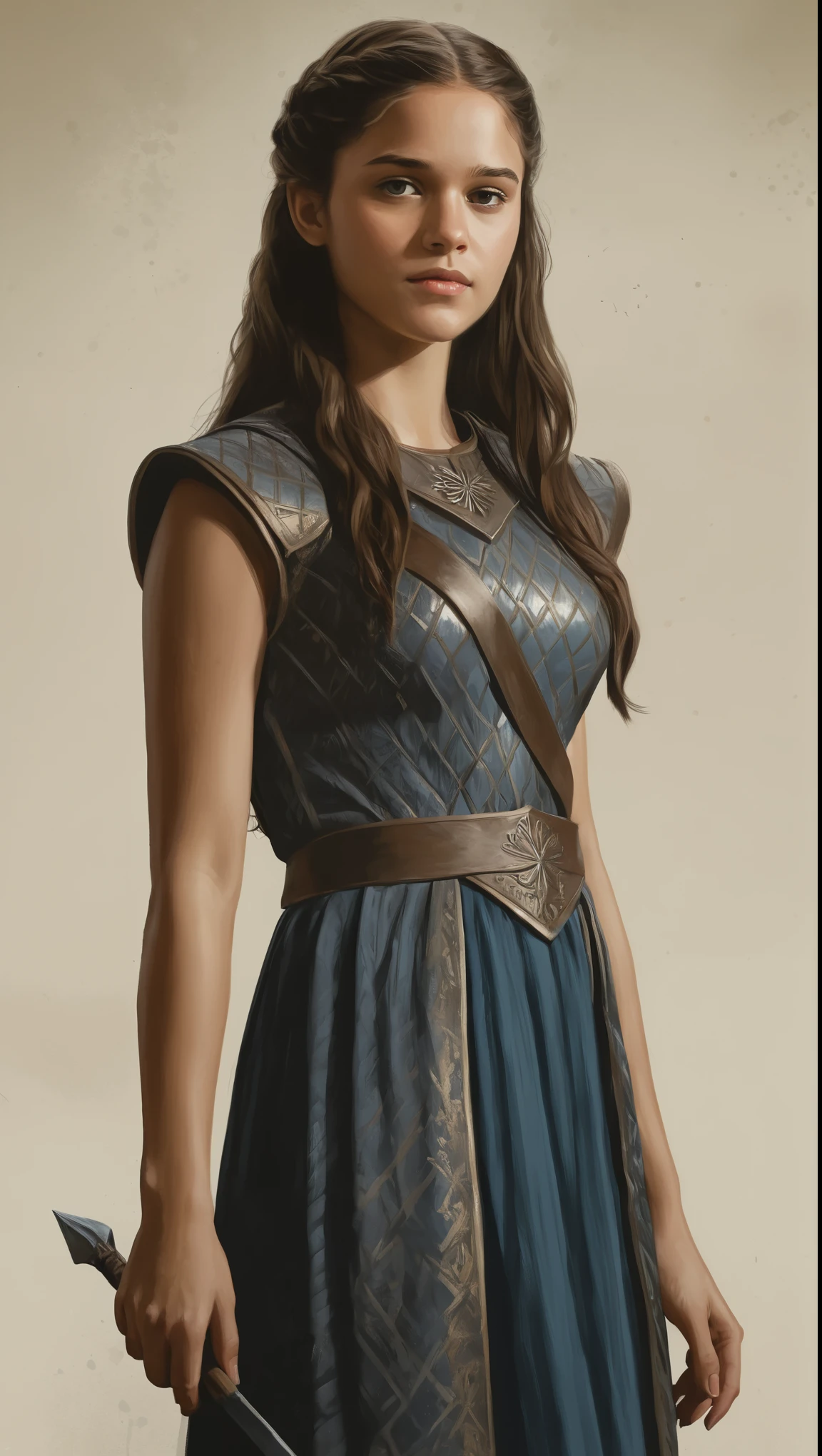 An illustrated movie poster, hand-drawn, full color, a Westerosi teenage girl, wearing a regal tunic, r sun-tanned complexion, dark hair, long hair, waist-length hair, posing on a pedestal, hard shadows, graphite shading, stencil marks, airbrushed acrylic paint, masterpiece, in the style of Game of Thrones