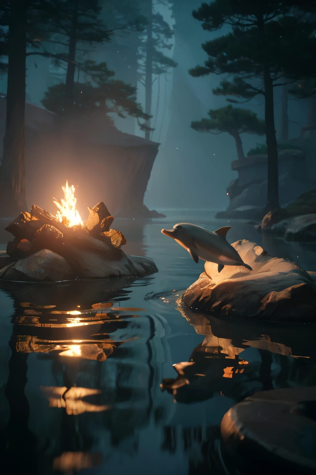 dolphins in the high seas, official art, 8k unity wallpaper, ultra detailed, Beautiful and Aesthetic, artwork, Best quality, Photorealistic, firefly, in the wood of (firefly:1.3), bonfire water drop,various rocks,((artwork)),((Best quality)),miniature,8k,octane rendering,