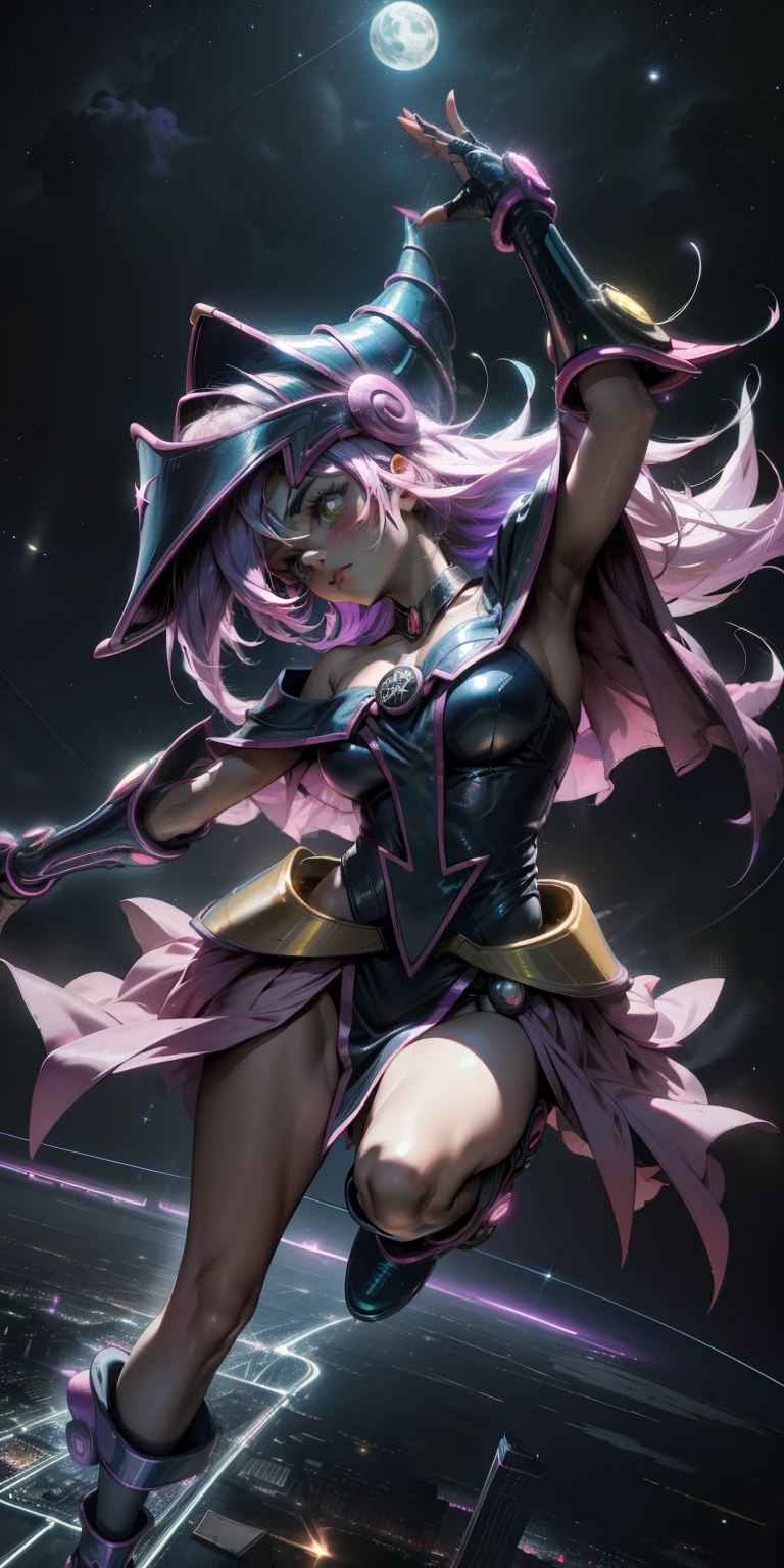 Mujer preciosa dark magician girl ( neon cyberpunk ), The neon sings, neon lighting, RTX chica maga oscura iluminando volando en el aire. Encima de la ciudad a media noches. Luna llena. Cielos de estrellas. Mago oscuro volando