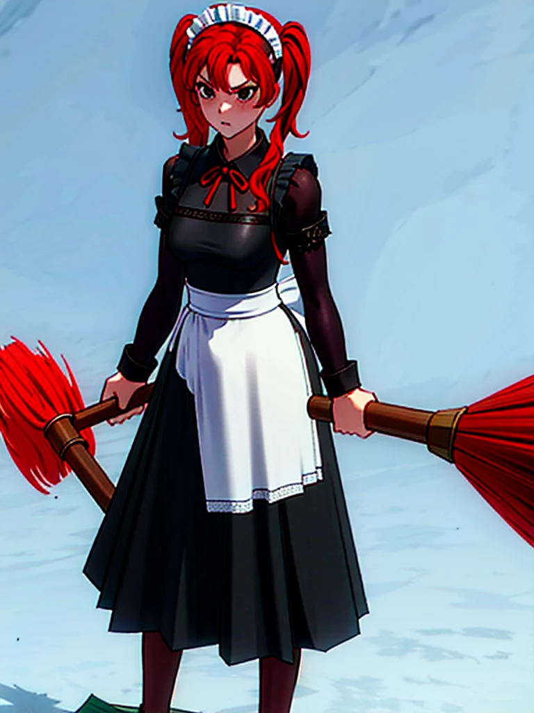 Twintail, red haired, 1girl, grey eyes, well toned, well built, muscled, toned muscles, masterpiece,high quality,solo,outdoors, angry,  sanpaku,, maid,black dress,long sleeves, maid apron,long skirt, black pantyhose, holding broom,fight