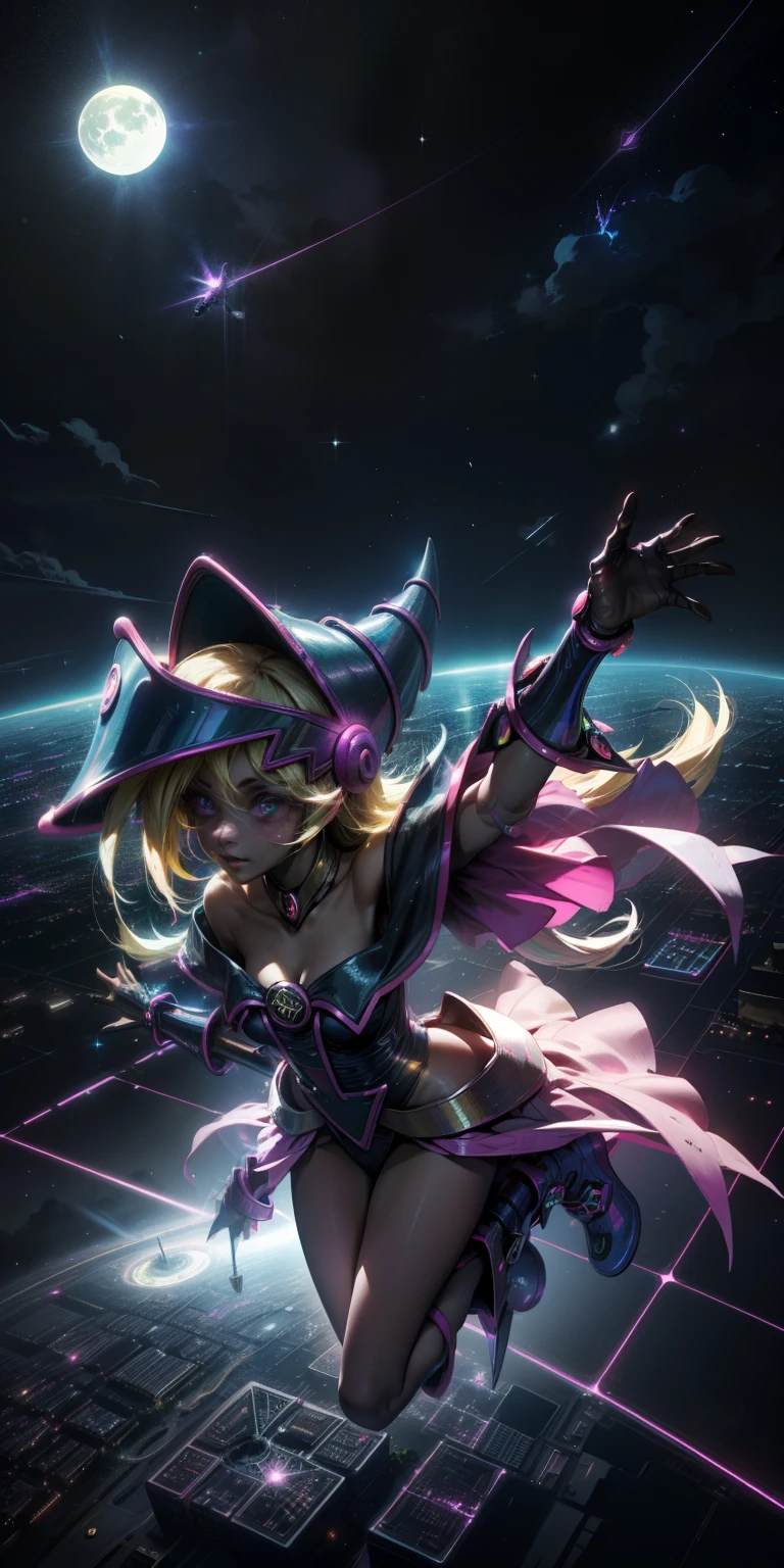 Mujer preciosa dark magician girl ( neon cyberpunk ), The neon sings, neon lighting, RTX chica maga oscura iluminando volando en el aire. Encima de la ciudad a media noches. Luna llena. Cielos de estrellas. Mago oscuro volando
