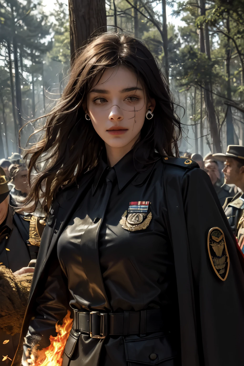 realistic, masterpiece, best quality, close-up, lips , upper body, no makeup, mature female, cowboy shot, black hair, military uniform, black military jacket, black cape , , badge, military jacket, valor , golden badge , military badge, depth of field, long hair, mole under eye, black gloves, earrings, gloves, crowded place , crowd, evening, branch, dead tree, fireflies, sparkle, fire_sparkle , fire , , holding skull, scar_on_eye , military badge , medals , blood , bleeding , on fire forest , burning trees , military valor , burning background , crowded place , , big fire , skeleton