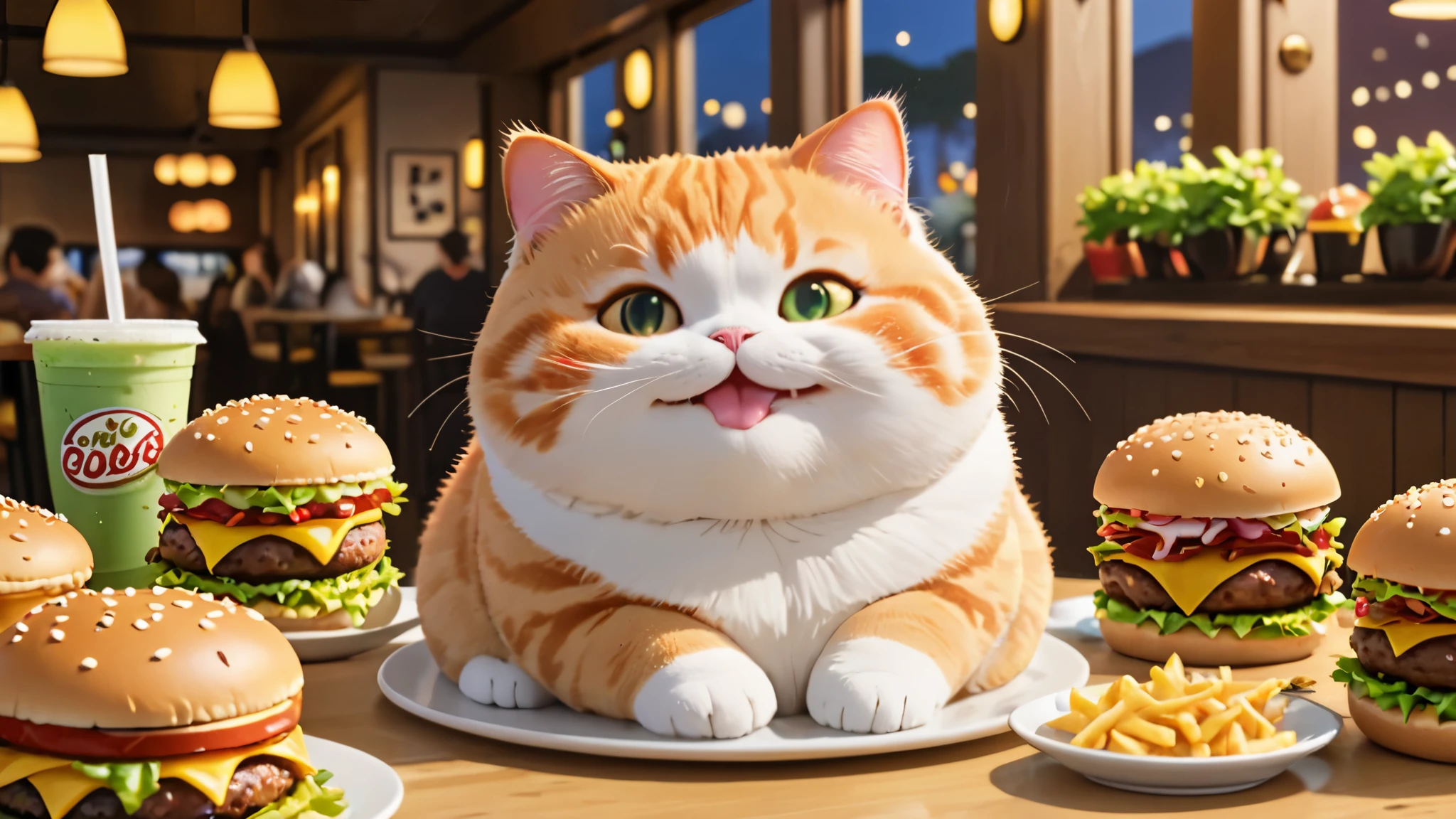 Chubby cat, eating lots of burgers, drink lots of boba, coast, smile and cute, master piece, high resolution 4k, 3d artwotk