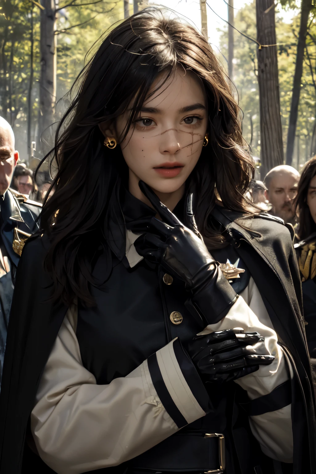 realistic, masterpiece, best quality, close-up, lips , upper body, no makeup, mature female, cowboy shot, black hair, military uniform, black military jacket, black cape , , badge, military jacket, valor , golden badge , military badge, depth of field, long hair, mole under eye, black gloves, earrings, gloves, crowded place , crowd, evening, branch, dead tree, fireflies, sparkle, fire_sparkle , fire , , holding skull, scar_on_eye , military badge , medals , blood , bleeding , on fire forest , burning trees , military valor , burning background , crowded place , , big fire , skeleton