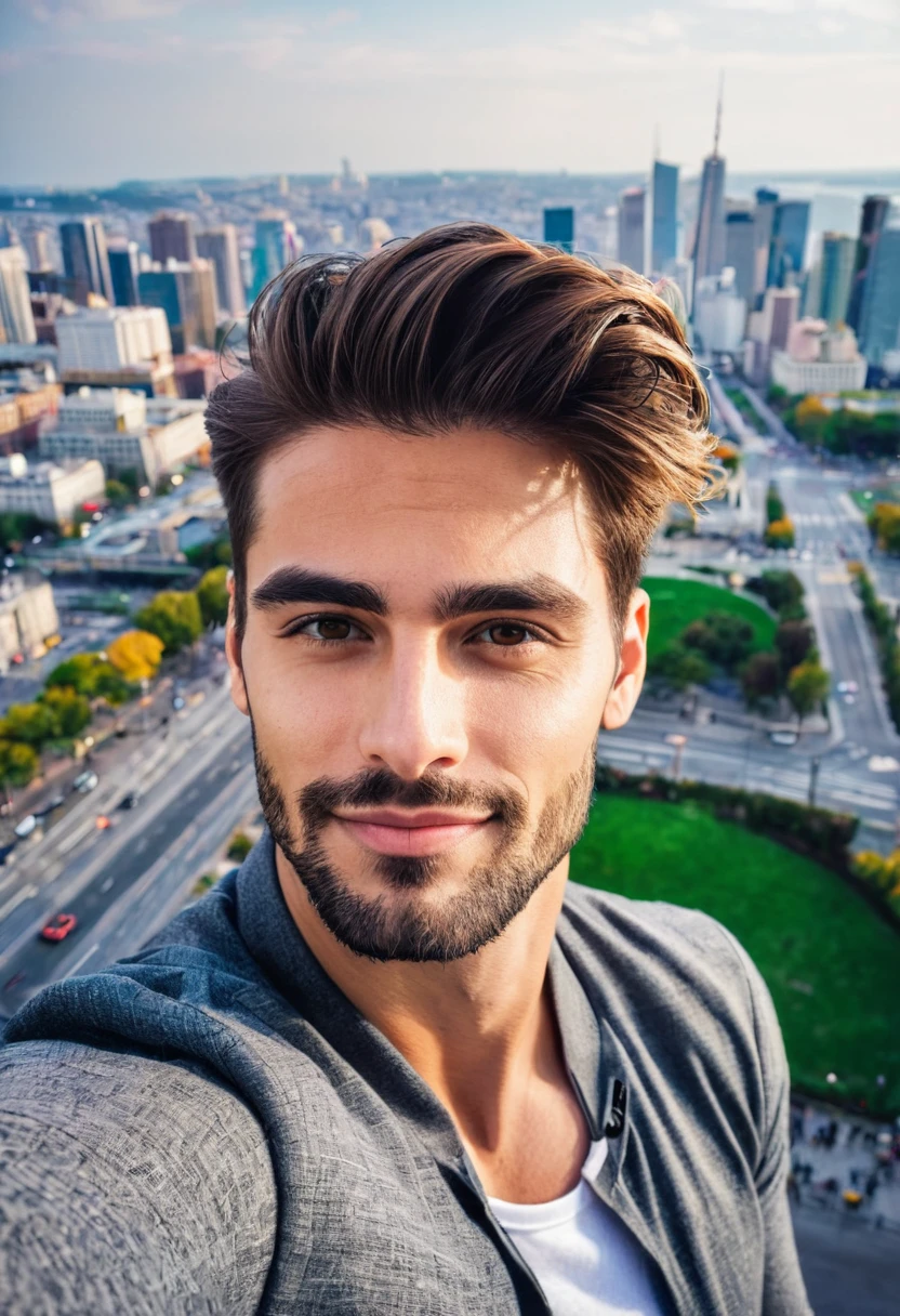 Handsome guy, selfie, city in the background