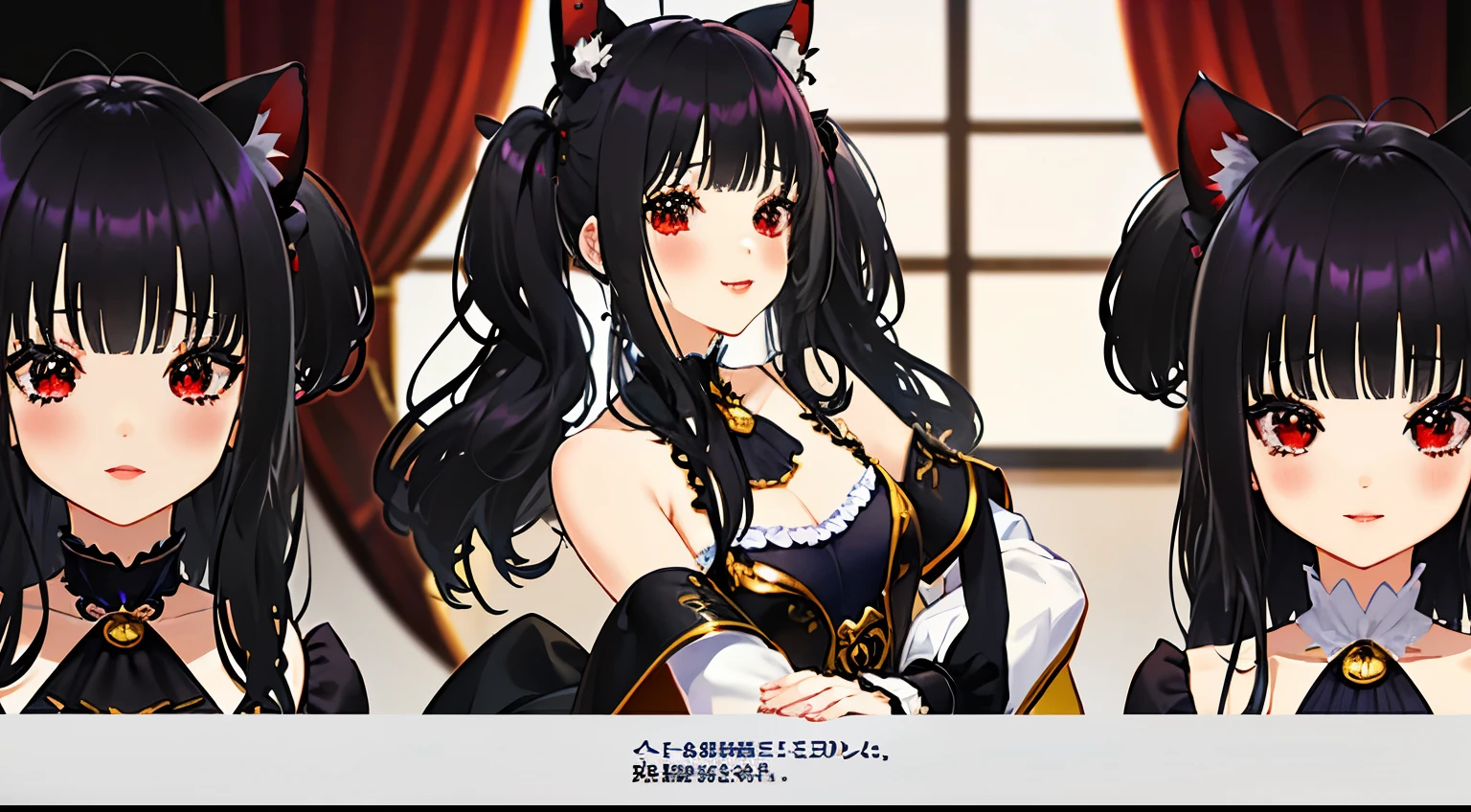 obra maestra, bien detallado, Detalles intrincados,Classic, elegante, colores vibrantes,high contrast lighting, aula japonesa, fondo limpio y ordenado,((long hair slightly wavy slightly past the shoulders, black bangs, small black pigtails on the sides, cute cat ears, beautiful thin red eyes,)),