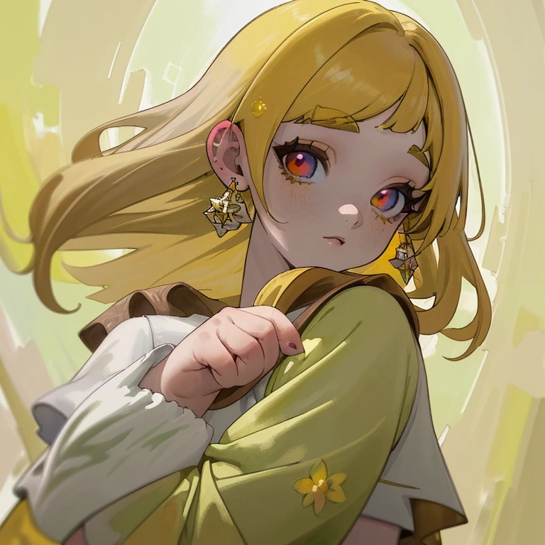 (acuarela: 1.2), princesa elfa, flor, pecas, Golpes, pelirrojo, pelo largo, ojos verdes, pelo entre los ojos, vestido blanco y dorado, flor earrings, fondo borroso, high resolution
