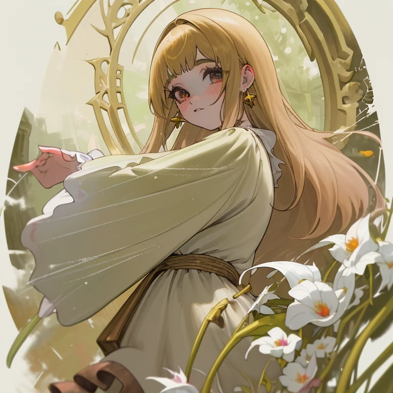 (acuarela: 1.2), princesa elfa, flor, pecas, Golpes, pelirrojo, pelo largo, ojos verdes, pelo entre los ojos, vestido blanco y dorado, flor earrings, fondo borroso, high resolution