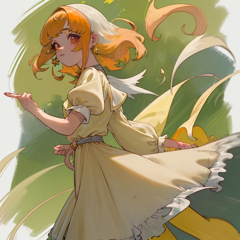 (acuarela: 1.2), princesa elfa, flor, pecas, Golpes, pelirrojo, pelo largo, ojos verdes, pelo entre los ojos, vestido blanco y dorado, flor earrings, fondo borroso, high resolution