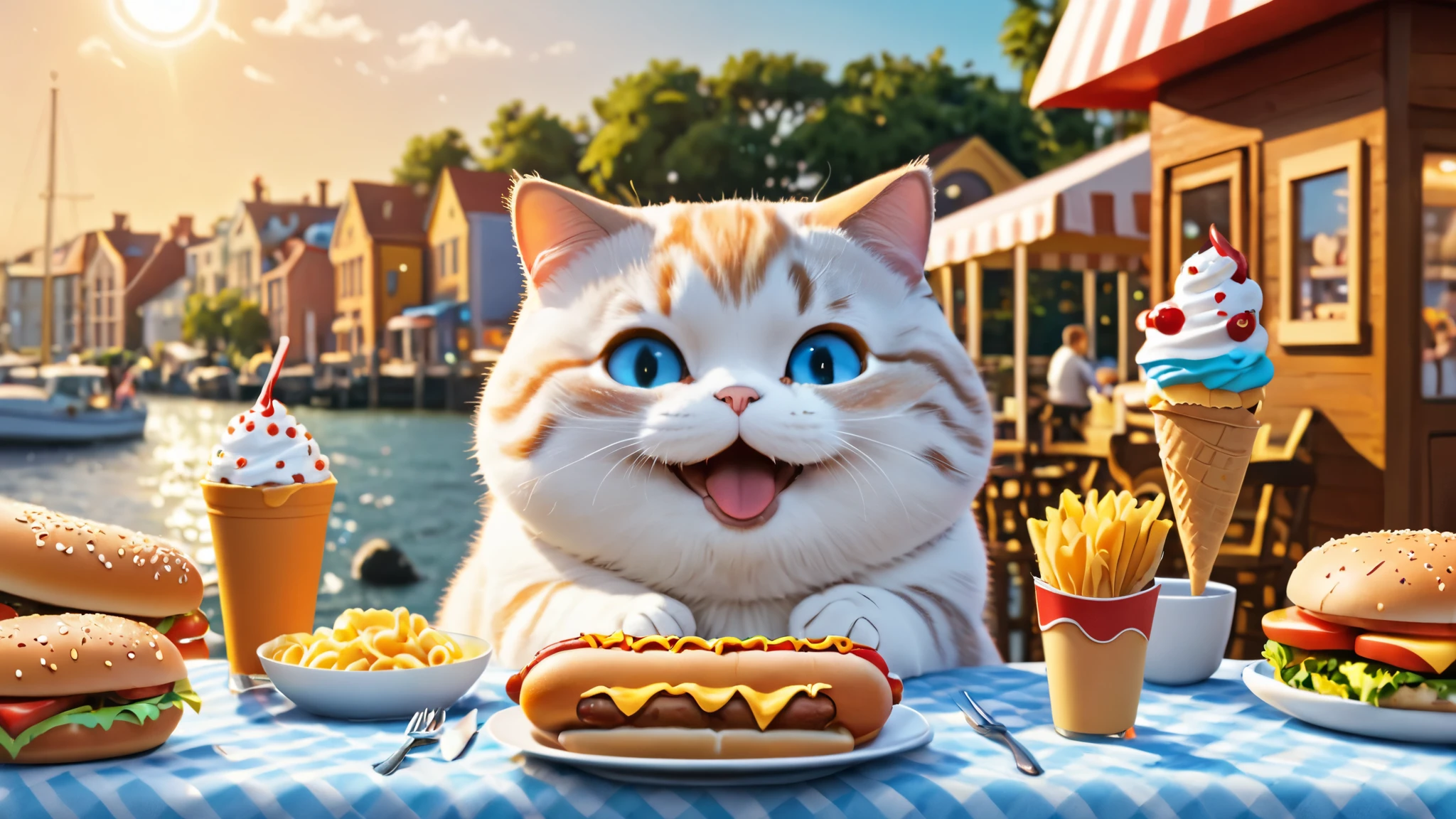 Chubby cat, eat a lot of ice cream, eating lots of burgers, eating lots of pasta, eating lots of hot dog, coast, smile and cute, master piece, high resolution 4k, 3d artwotk