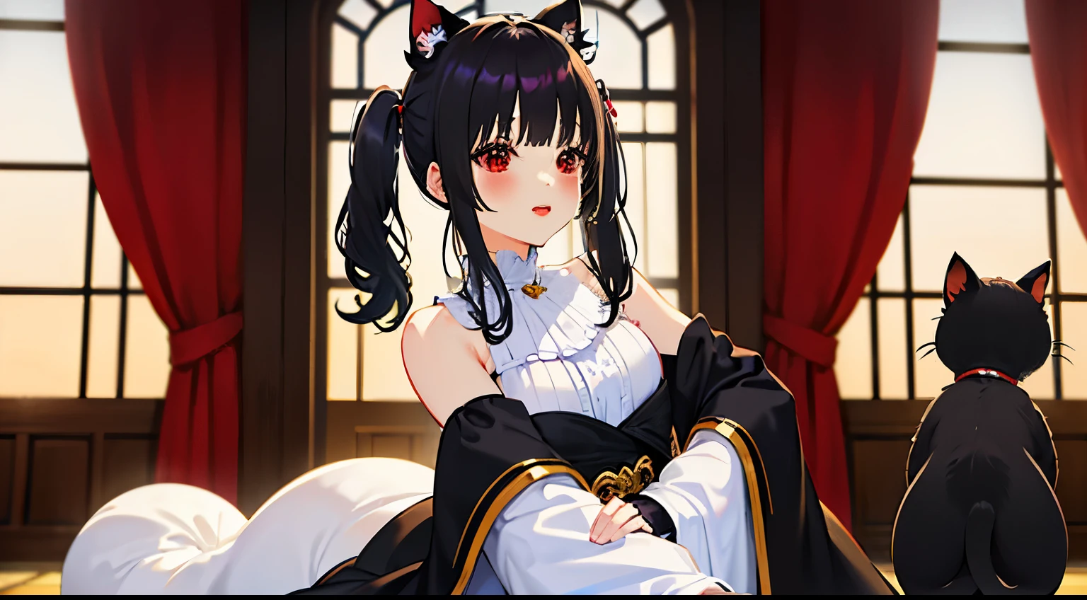 obra maestra, bien detallado, Detalles intrincados,Classic, elegante, colores vibrantes,high contrast lighting, aula japonesa, fondo limpio y ordenado,((long hair slightly wavy slightly past the shoulders, black bangs, small black pigtails on the sides, cute cat ears, beautiful thin red eyes,)),