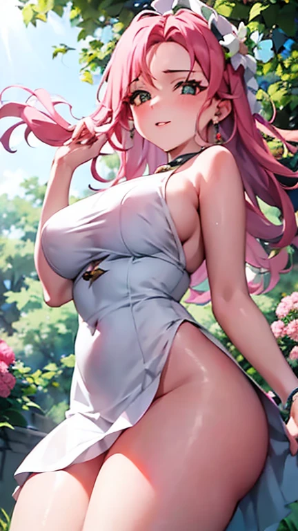 MELHOR QUALIDADE, SENSUAL, High definition, NITIDO, EXPLICITO, ROUPAS TRANSPARENTES< Sakura Haruno caminha lentamente pelo jardim, the sun's rays filtering through the tree leaves, creating patterns of light and shadow that dance across your skin. Seus cabelos cor de rosa caem em ondas sedosas sobre seus ombros, swaying gently with every graceful step she takes. She is wearing a light dress that subtly hugs her curves., revealing the hint of her feminine form beneath the fluid fabric. Enquanto caminha, Sakura gently slides her fingers over the soft petals of the flowers she finds along the way., inalando o perfume doce que paira no ar. Her lips are slightly parted, an expression of fascination and pleasure playing across her face as she surrenders to the serene beauty of the garden. De repente, ela se vira, os olhos verdes brilhando com uma intensidade cativante. Com um movimento gracioso, She raises one of her hands to the collar of her dress, deslizando-a suavemente pelo tecido, Provoking a feeling of softness and freshness against your skin heated by the sun. Ela sorri levemente, her pink lips curving in a seductive gesture, enquanto uma brisa suave brinca com seus cabelos, criando um halo dourado ao seu redor. Em um impulso de desejo, Sakura reaches out to touch a nearby flower, fingers lightly brushing the soft petals. Ela fecha os olhos por um momento, getting lost in the tactile sensation, as your breathing becomes deeper and slower. An aura of sensuality and mystery surrounds her, as if the garden itself were responding to your charm, making her the center of a moment of pure magic and seduction. This hypothetical scene portrays Sakura Haruno in an intimate and sensual moment, enveloped in the beauty of the garden and awakening the senses with its captivating presence.