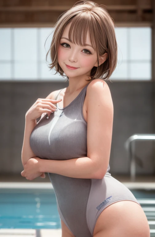 indoor swimming pool, A woman standing alone by the pool, mature woman /(brown medium hair/), (gray competitive swimsuit:1.2), A gentle smile with a blush, (Masterpiece of the highest quality:1.3) Delicate illustrations ultra-detailed high resolution, Big breastsBREAKDetailed background