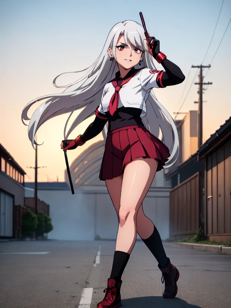 cartoon, sukeban illyasviel_von_einzbern, mature_female, silver hair, holding yoyo, combat pose, full body, flowing hair, hair between the eyes, asymmetrical hair, red eyes, delicate facial features, sukeban deka clothe, looking_at_viewer, outdoors, background tokyo, ((solo girl:1,5))+++++,woman in a 80's sukeban seifuku standing on a set of strees, black , 80's japanese sukeban photo, sukeban seifuku,  80's japan, sukeban, long black skirt, red converse, full body, light skin tone female, full body, tape, arm_support, gloves, red_gloves, bridal gauntlets, blackred_footwear, fighter outfit, full body, hourglass, mature face, cheeky smile, cheeky face, wrinkles,( silver long hair, earrings, ear piercings), (fighting art, Martial arts, standing, fighting_stance, fight, fighting), extra colors, 2D, megapixel, perfectionism, accent lighting, full HD , 4K, masterpiece, empty red eyes,  extra colors, 2D, megapixel, perfectionism, accent lighting, full HD , (Masterpiece:1.2), (full-body-shot:1),(cowboy shot:1.2), (Highly detailed:1.2),(anime Detailed Face:1.2), Colorful, A detailed eye, (Detailed landscape:1.2), (natural lighting:1.2), ((sukeban school teacher)) by Vincent Di Fate: Aidyllery, Anamorphic Shot, rule of thirds, face by Artgerm and WLOP, ((street of rage 4 city backround)), fictive city backround in the style art of street of rage 4,