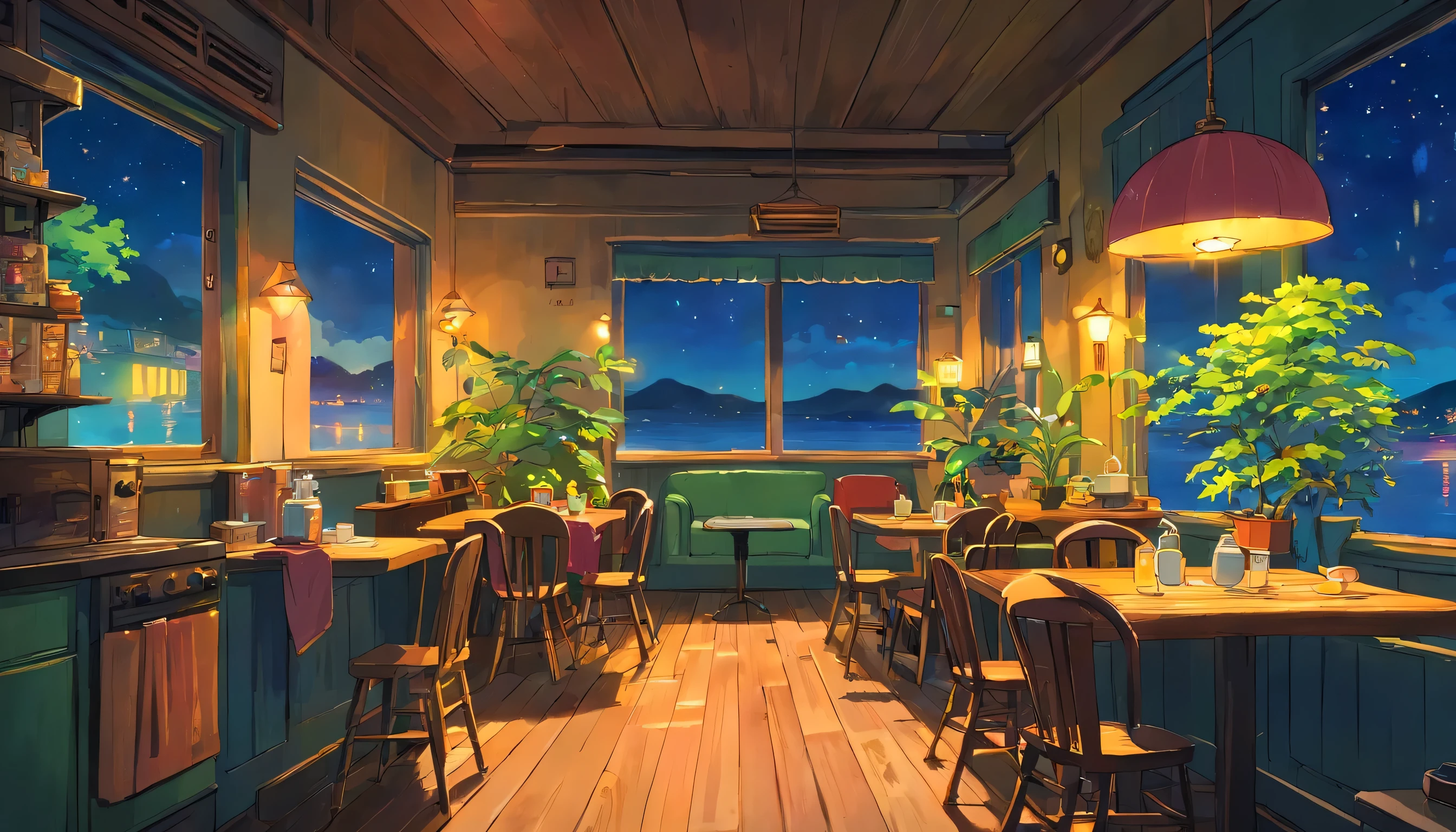 A cafe where piano jazz plays， dream, please wear headphones, night light, Neon landscape on a rainy day, analog color theme, lo-fi hip hop , retrospective, flat, 2.5D ,Draw a line, ink painting, Osaka road, watercolor painting, gouache color, studio ghibli style, very colorful, outerton, Krautlock, Lofiato,old texture, amplitude,Psychedelic atmosphere, masterpiece, Technology of Wonders,on the bed，Darken the room，A beautiful night seaside with a starry sky outside the window