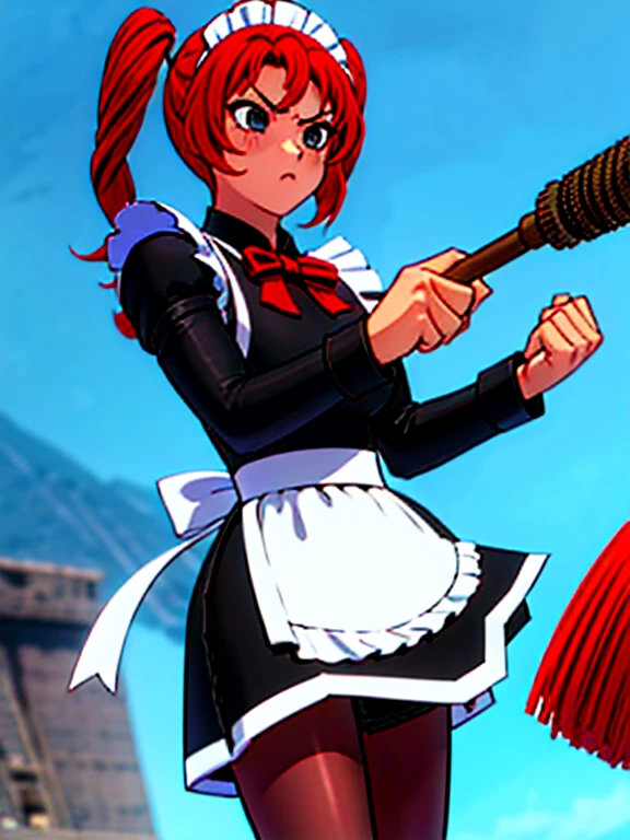 Twintail, red haired, 1girl, grey eyes, well toned, well built, muscled, toned muscles, masterpiece,high quality,solo,outdoors, angry, sanpaku,, maid,black dress,long sleeves, maid apron,long skirt, black pantyhose, holding broom,fight