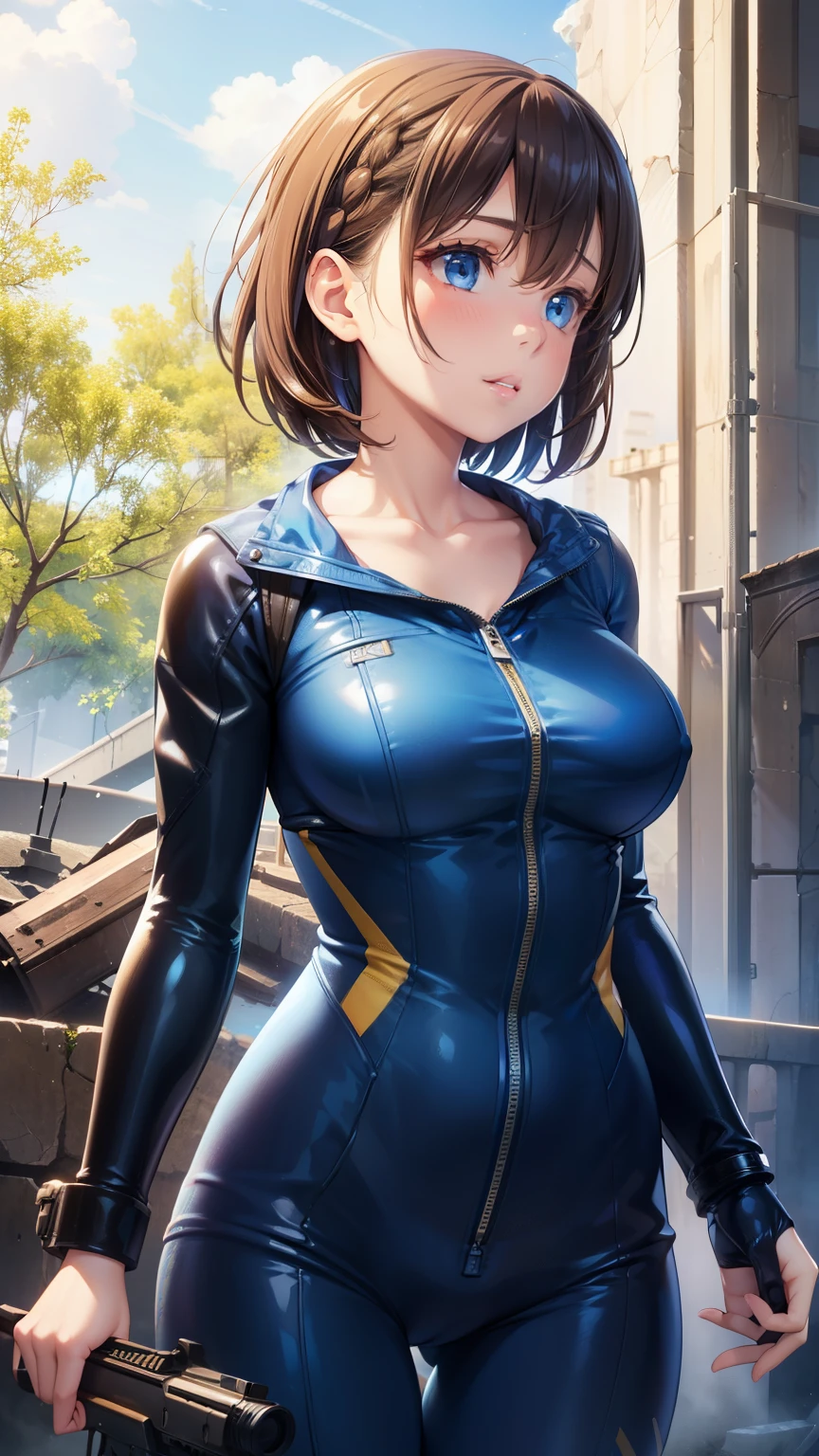 1girl, natural lighting, masterpiece, highly detailed, illustration, game CG, absurdres, high quality, aichan, large breasts, blue eyes, beautiful detailed eyes, short brown hair, side braid, glossy lips, lips parted, (ruins), natural lighting, sci-fi gun, rifle, jumpsuit, carsuit, collarbone, (looking away from viewer)