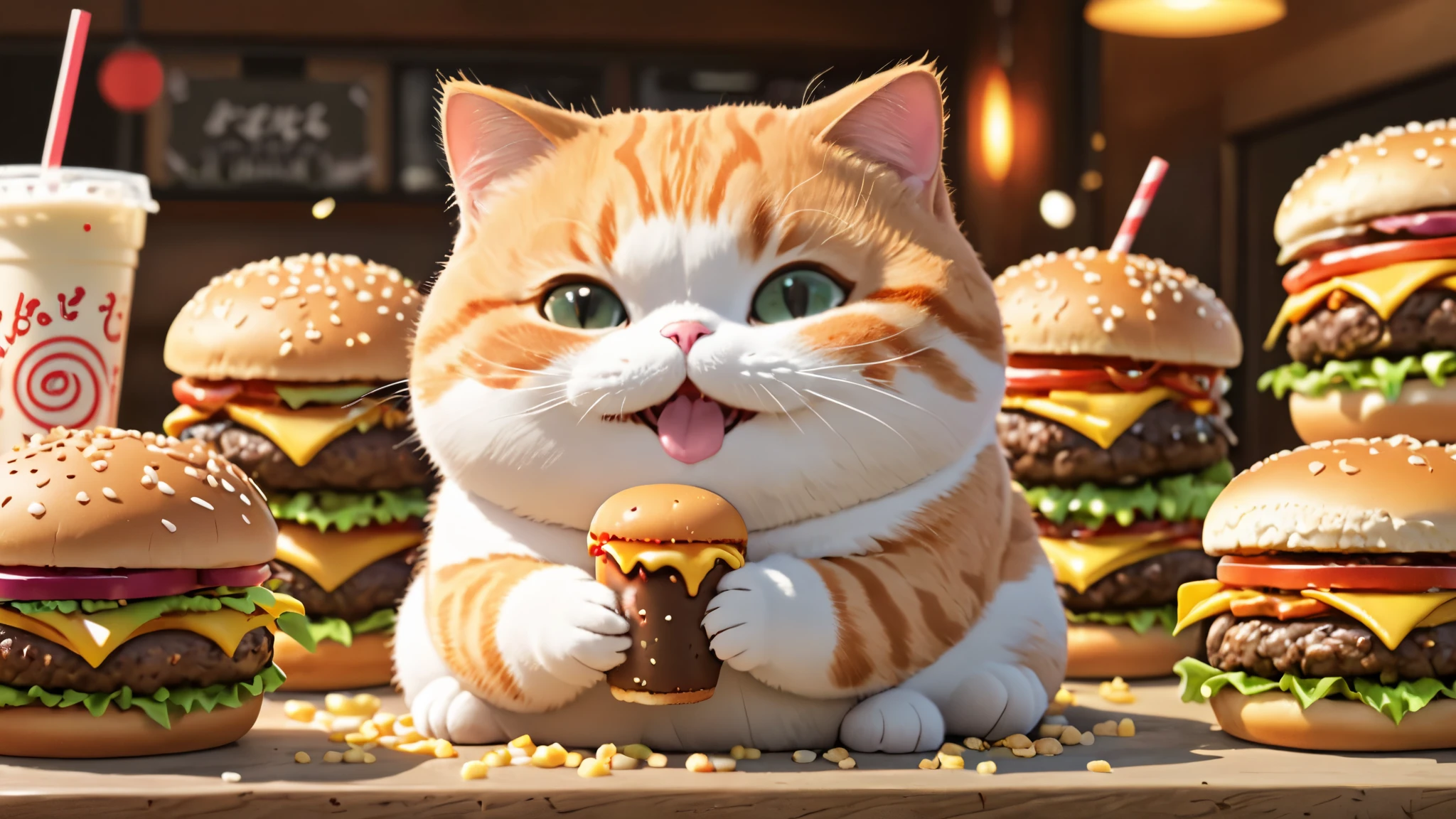 Chubby cat, eating lots of burgers, drink lots of boba, coast, smile and cute, master piece, high resolution 4k, 3d artwotk